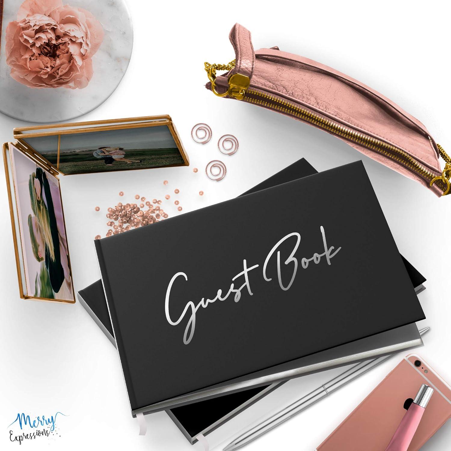 Black Guest Book & Pen – 9"x7" Hardcover 100 Page/50 Sheets - Silver Foil Gilded Edges for Guests & Visitors to Sign at Weddings, Party, Baby or Bridal Shower, Funerals, Memorials - Blank Left Page