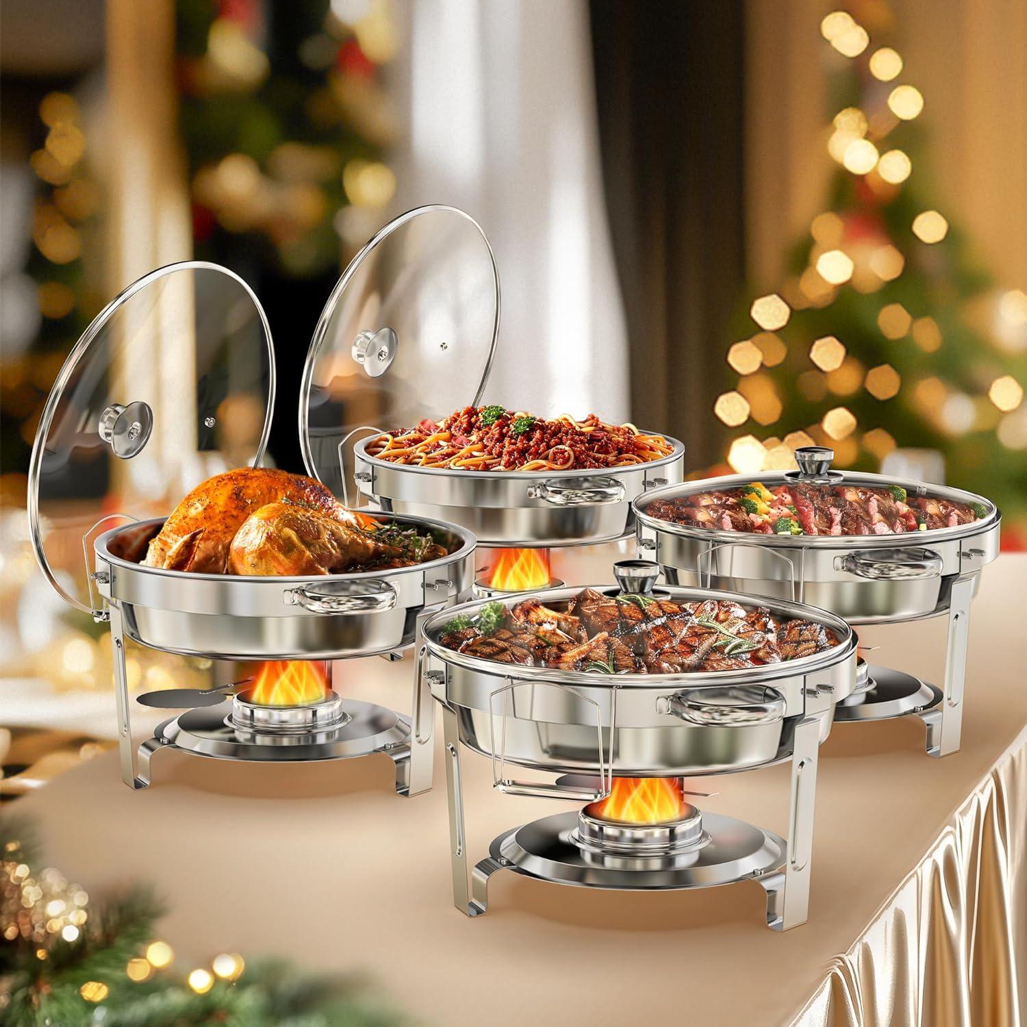 5QT Stainless Steel Round Chafing Dish Buffet Set with Glass Lid, 4-Pack