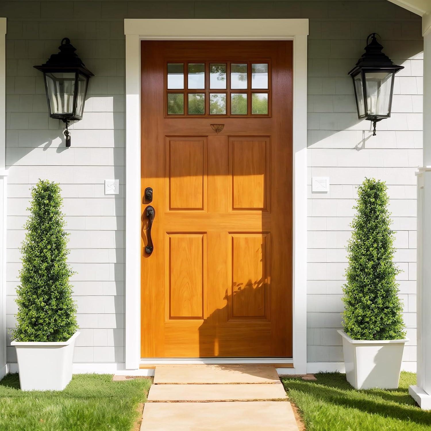 4ft Artificial Boxwood Topiary Trees, Set of 2 – UV Resistant Faux Evergreen Shrubs and Bushes for Outdoor Planters, Realistic Fake Plants for Front Porch Outside Patio Yard, 4 Foot Tall