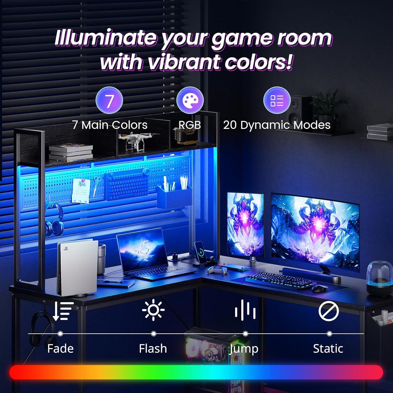 Black L-Shaped Gaming Desk with USB Ports and LED Lights