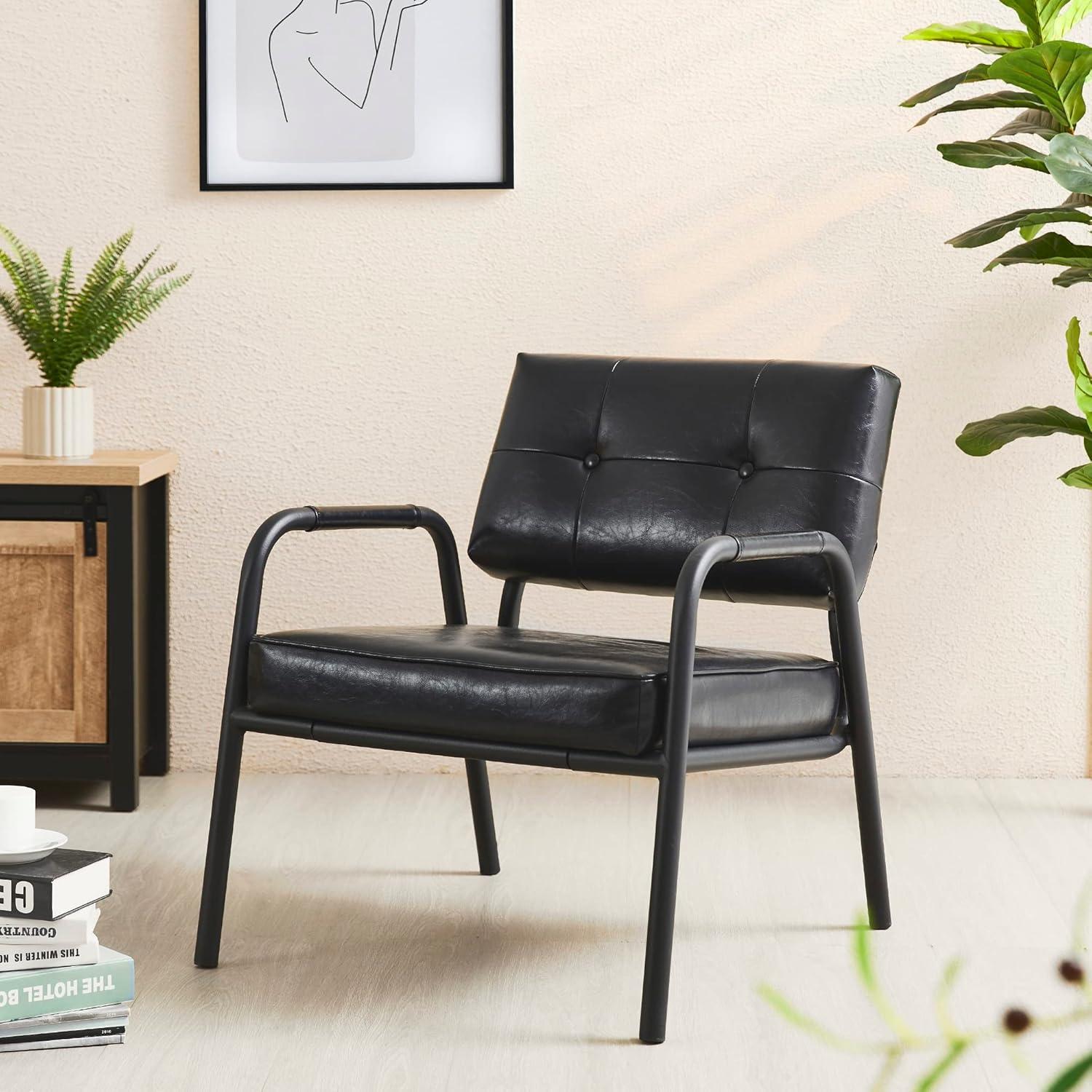 Mid-Century Modern Leatherette Arm Accent Chair Frosted Black Metal Frame Black - Glitzhome
