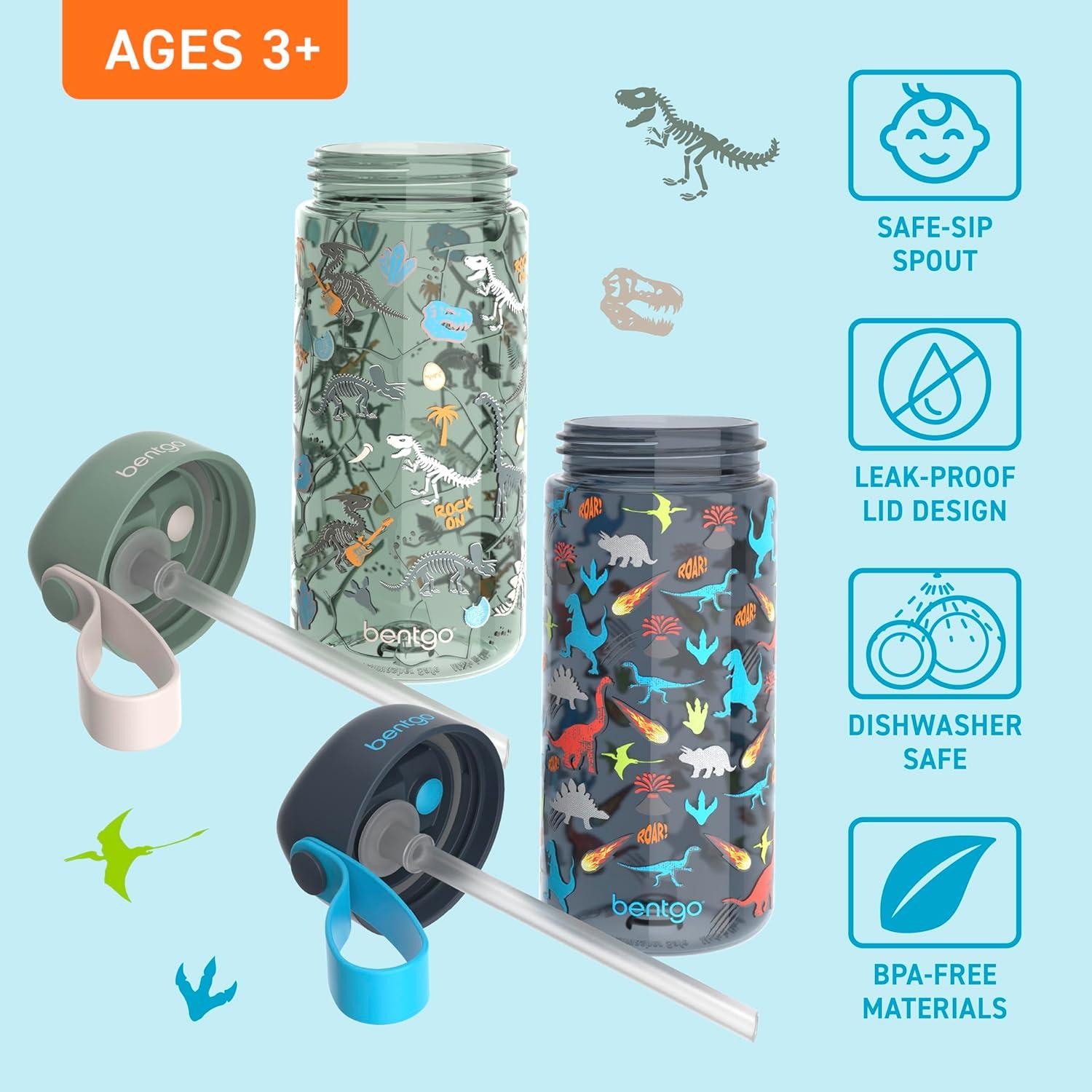 Bentgo® Kids Water Bottle 2-Pack - New, Improved 2023 Leak-Proof BPA-Free 15 oz Cups for Toddlers & Children - Flip-Up Safe-Sip Straw for School, Sports, Daycare, Camp (Dinosaur/Dino Fossils)