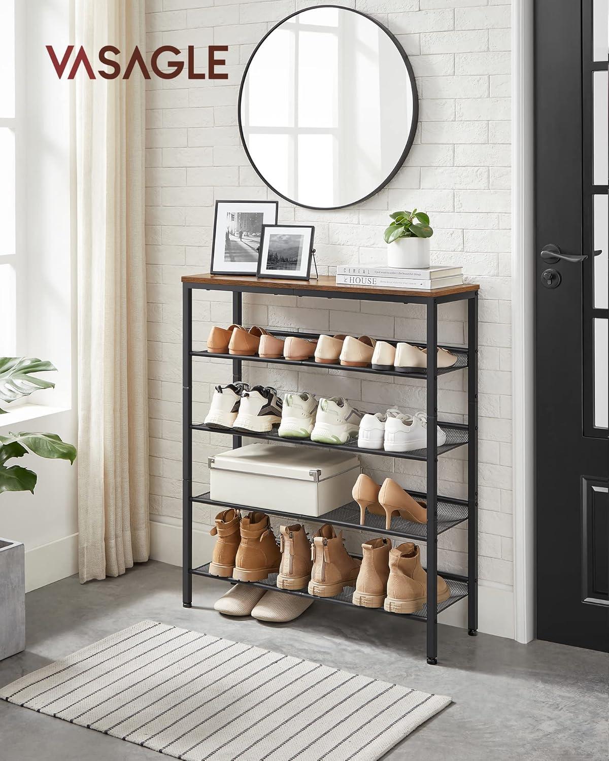 VASAGLE 5 Tier Shoe Rack for Entryway - Industrial Style Shoe Storage Organizer for 16-20 Pairs - Sturdy Wooden Top, Steel Frame - Rustic Brown/Black