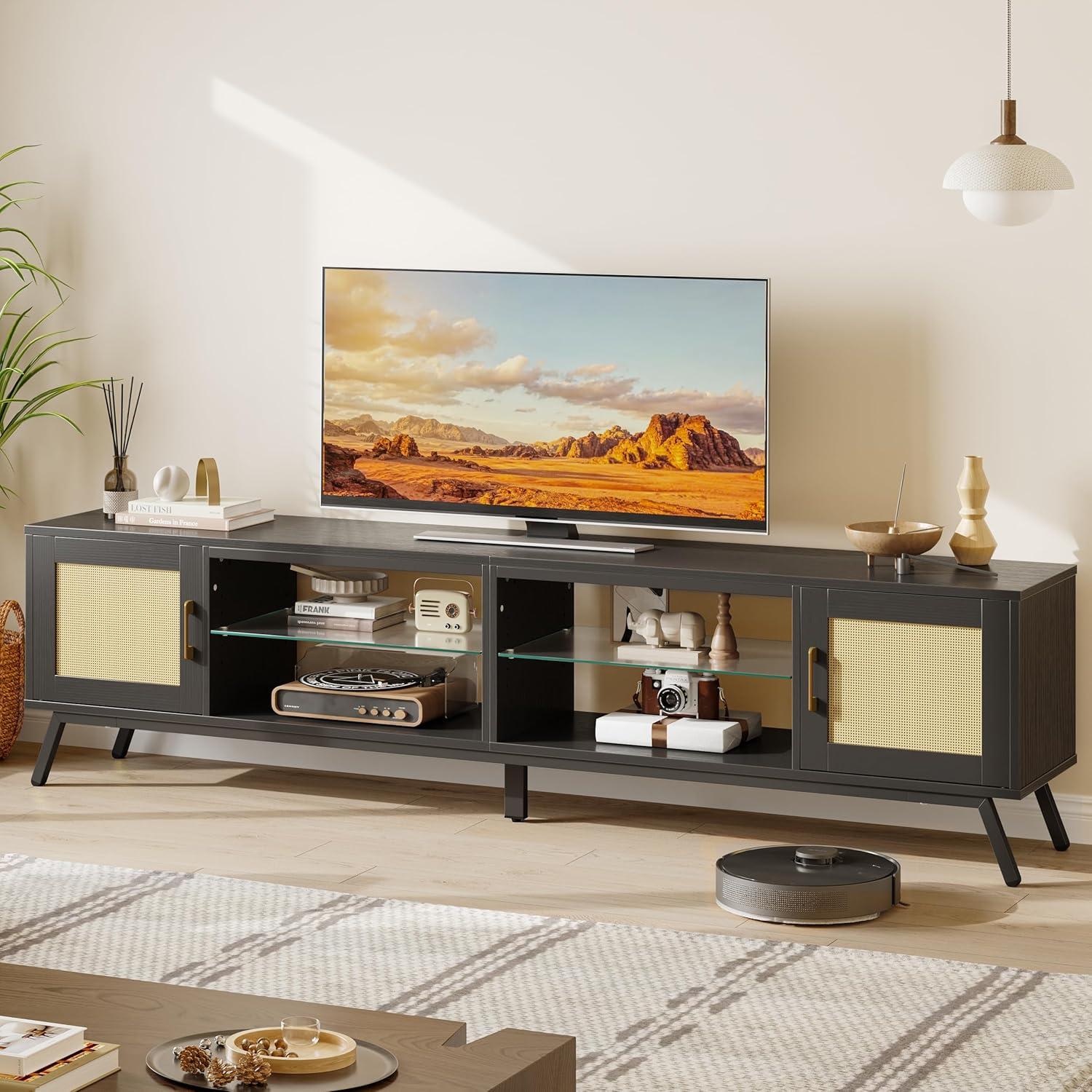 Bay Isle Home™ Alwies 80 inch TV Stand for TVs up to 85", Combinable Entertainment Center with LED Light and Adjustable Shelves, 4-1 Rattan TV console
