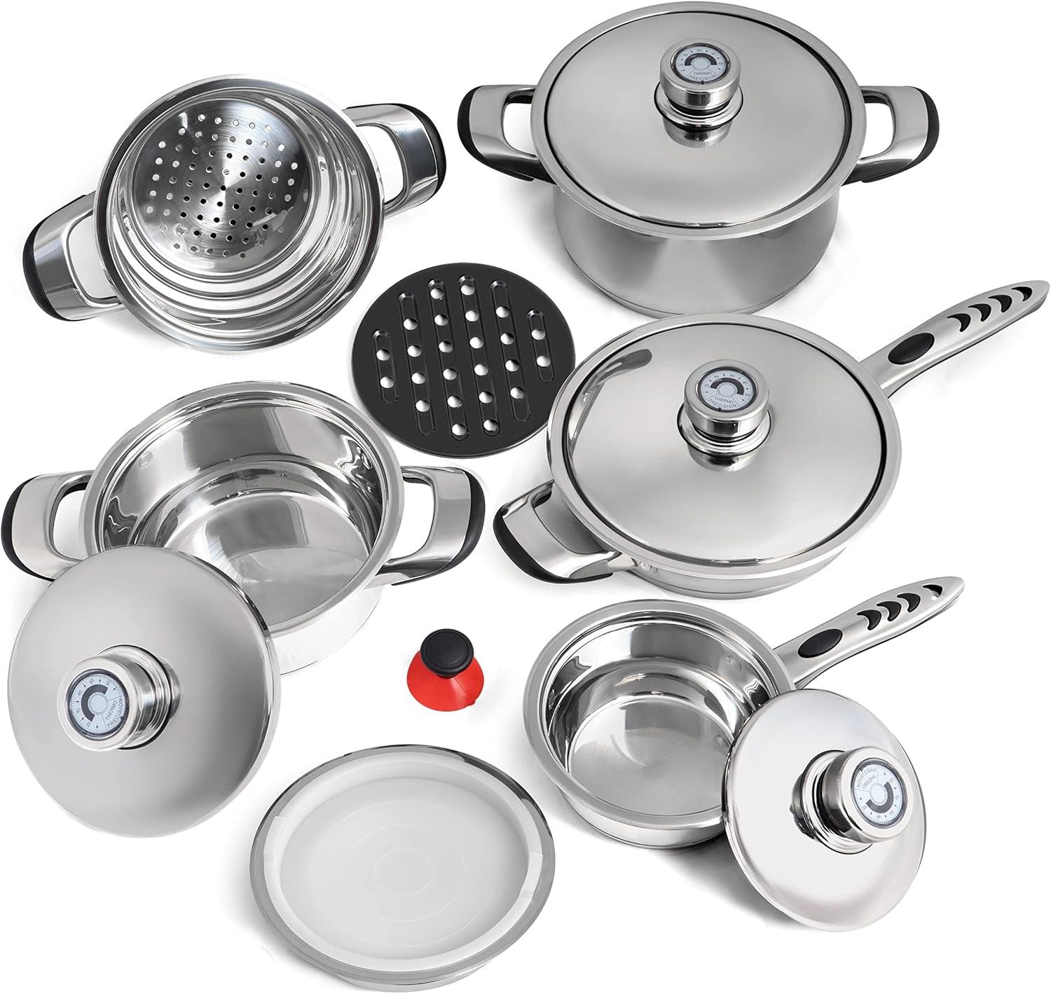 12-Piece Stainless Steel Waterless Cookware Set with Thermo Control Knobs