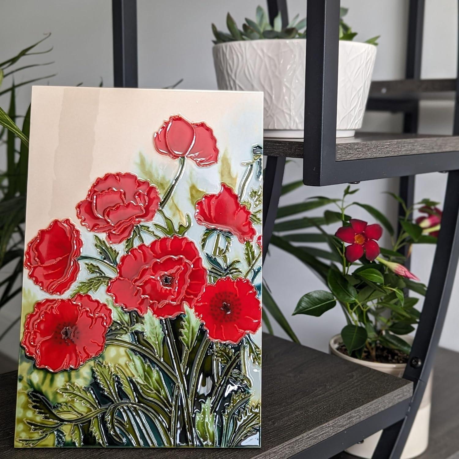 Benaya - Handcrafted Ceramic Art – Classic Poppies – 8" x 12" Tile - Home Decor