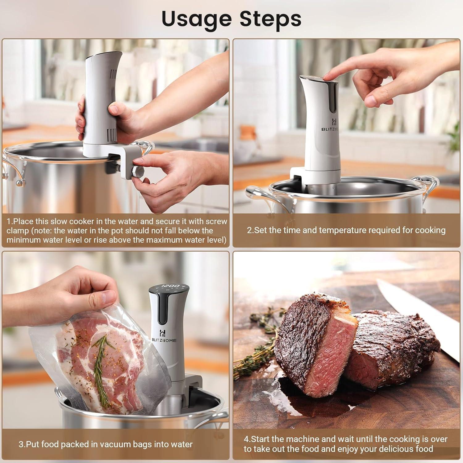 BlitzHome 1100W Sous Vide Cooker with Temperature Setting, Timer, Breath Light Reminder Function