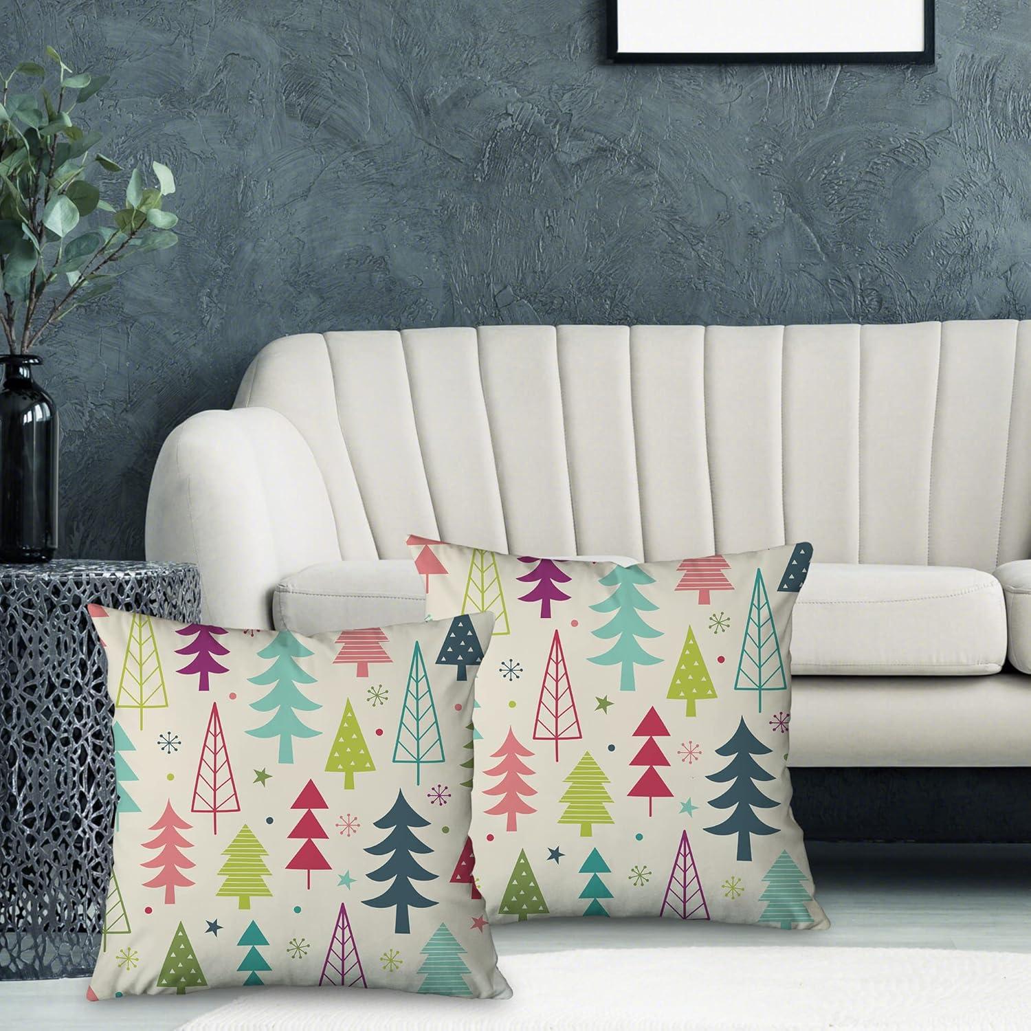 Decorative Throw Pillow Cover Square 18x18 set of 2, Colorful Christmas Tree Cute Winter Holiday Abstract Art Holidays Farmhouse December Home Decor Zippered Pillowcase for Couch Sofa Living Room