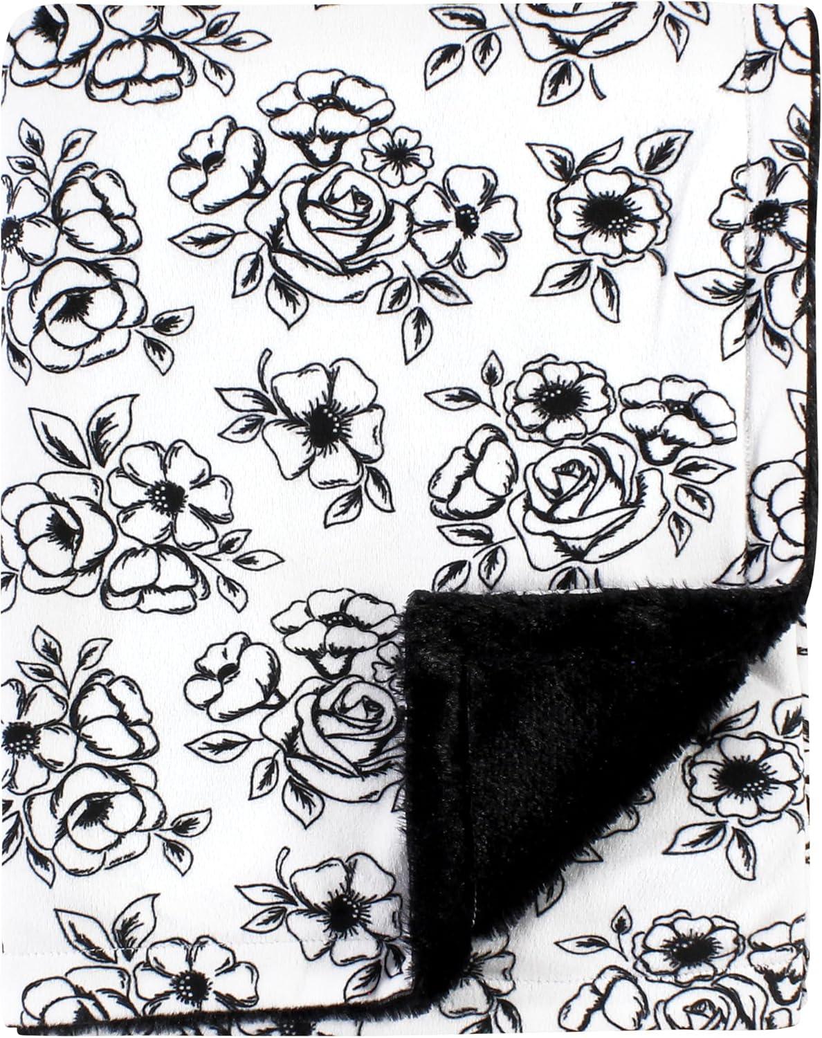 Hudson Baby Infant Girl Plush Blanket with Furry Binding and Back, Black Toile, One Size