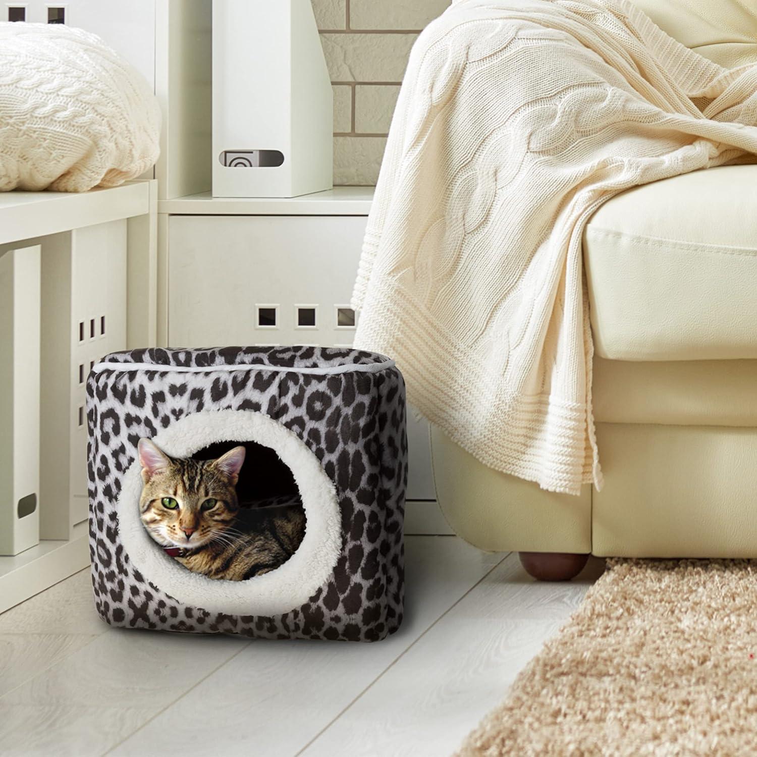 Cat House - Indoor Bed with Removable Foam Cushion - Cat Cave for Puppies, Rabbits, Guinea Pigs, and Other Small Animals by PETMAKER (Animal Print)