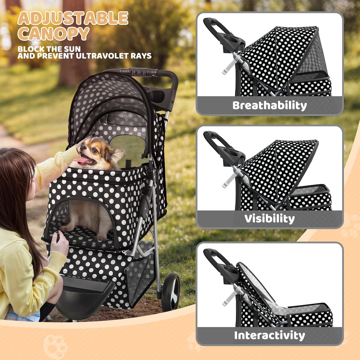 Pet Stroller Dog Cat Stroller Foldable Stroller With Adjustable Canopy