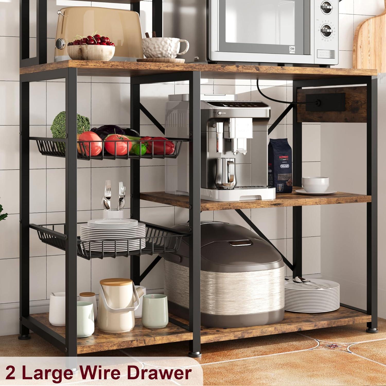 Towallmark Bakers Rack with Power Outlet, Microwave Stand with 2 Wire Drawer, Industrial Coffee Bar Station, 7-Tier Kitchen Bakers Rack with Large Storage for Spice, Pots Organizer, Rustic Brown