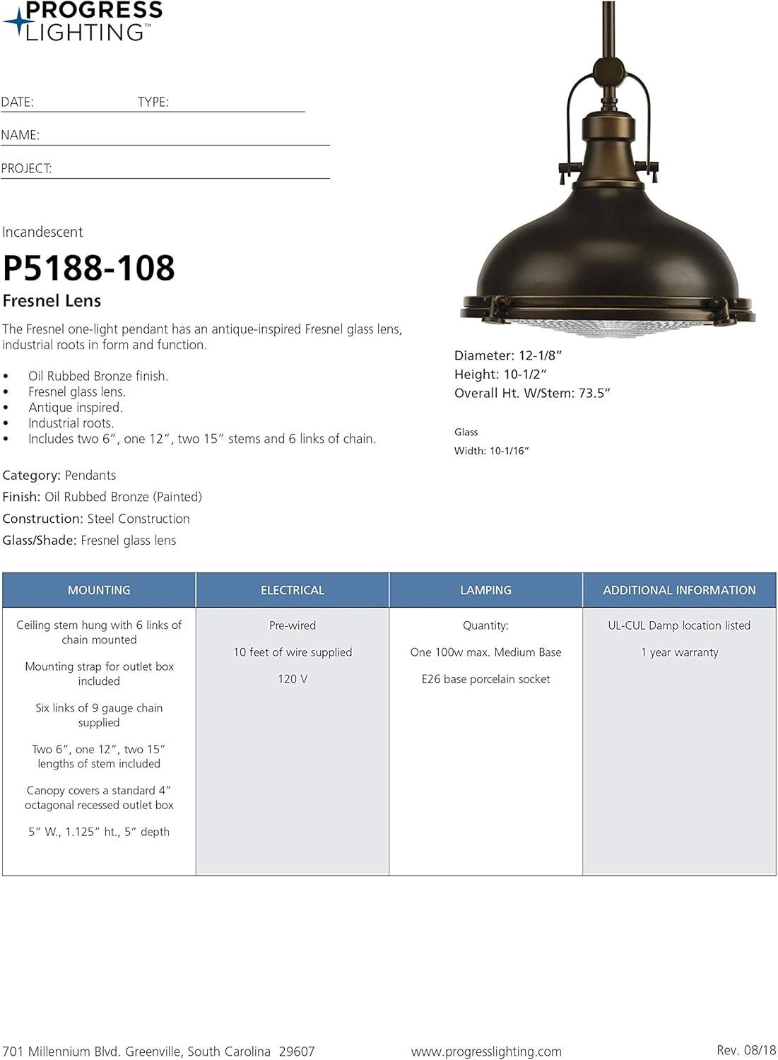 Progress Lighting, Fresnel, 1-Light Pendant, Oil Rubbed Bronze, Prismatic Glass Shade
