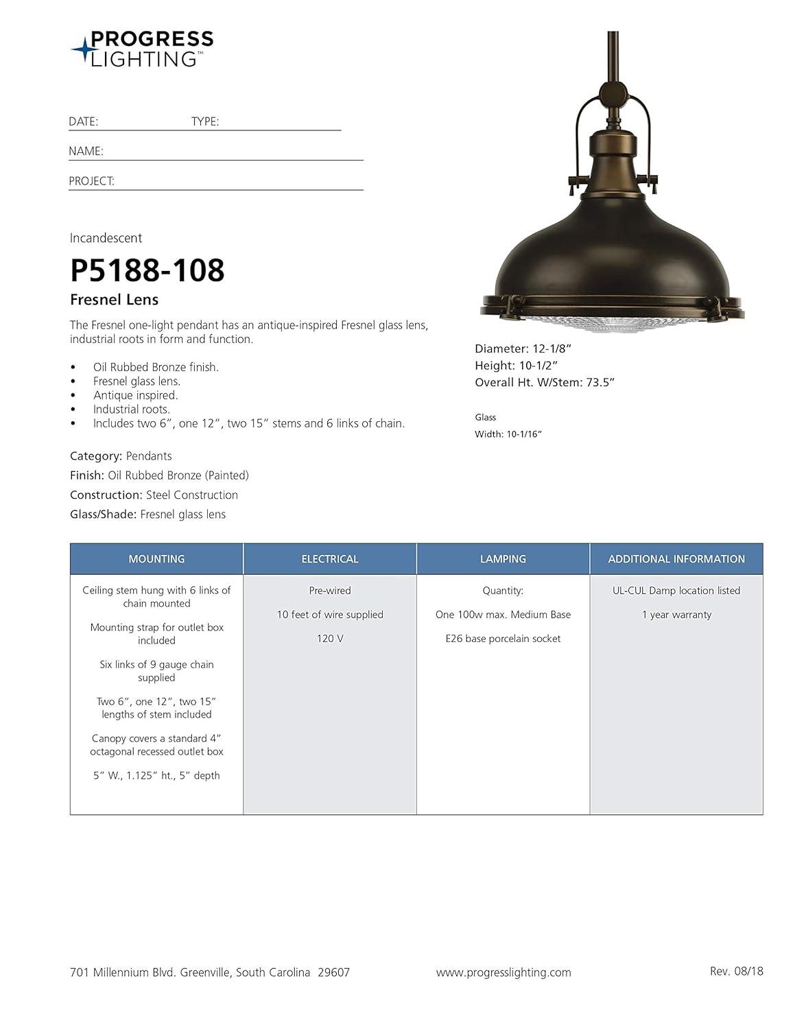 Progress Lighting, Fresnel, 1-Light Pendant, Oil Rubbed Bronze, Prismatic Glass Shade
