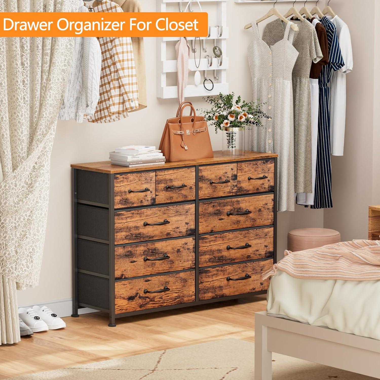 Furnulem Bedroom Dresser for 55”Long TV Stand,10 Storage Organizer Dressers & Chests of Drawers, Sturdy Metal Frame & Wood Top Tall Storage Cabinet for Bedroom Closet Living Room Entryway Rustic Brown