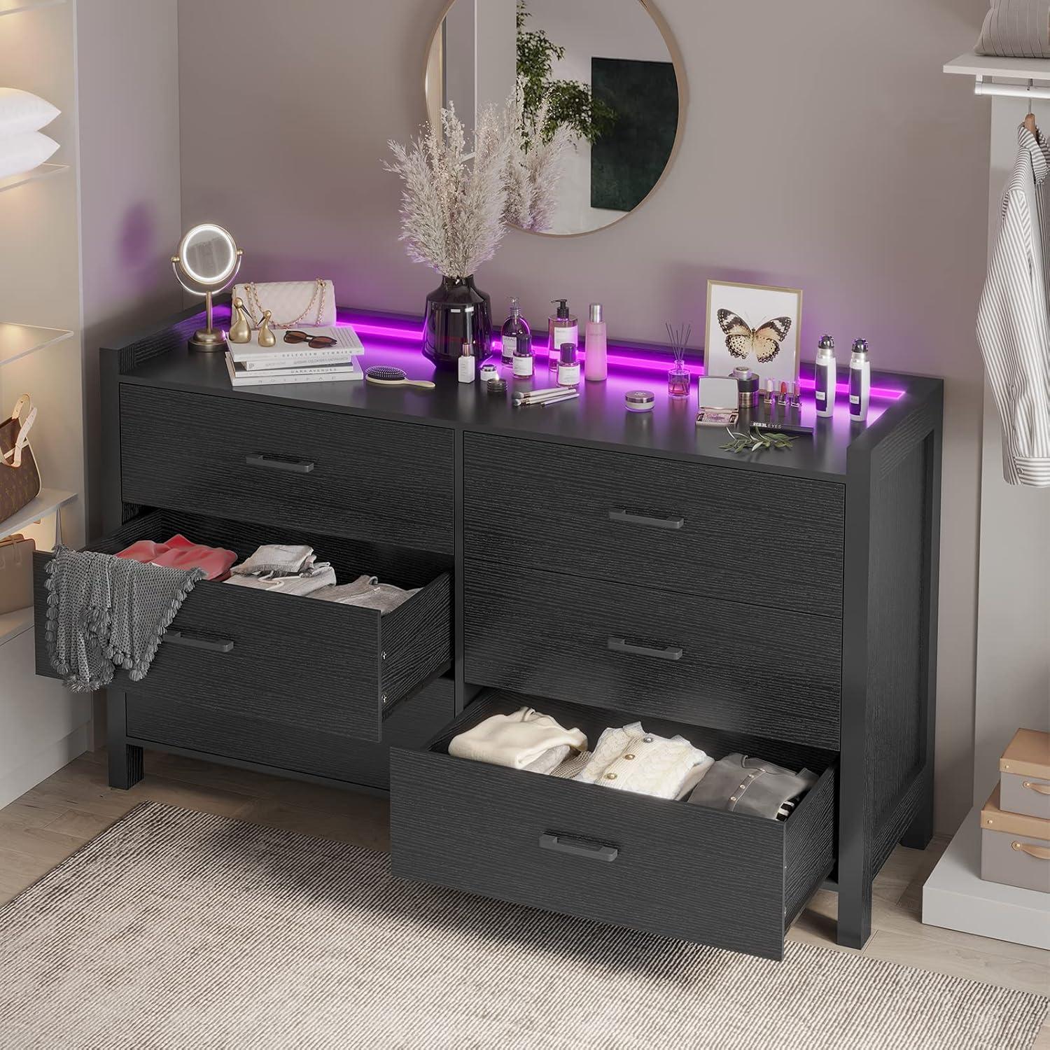 Black Engineered Wood Double Dresser with LED Lights