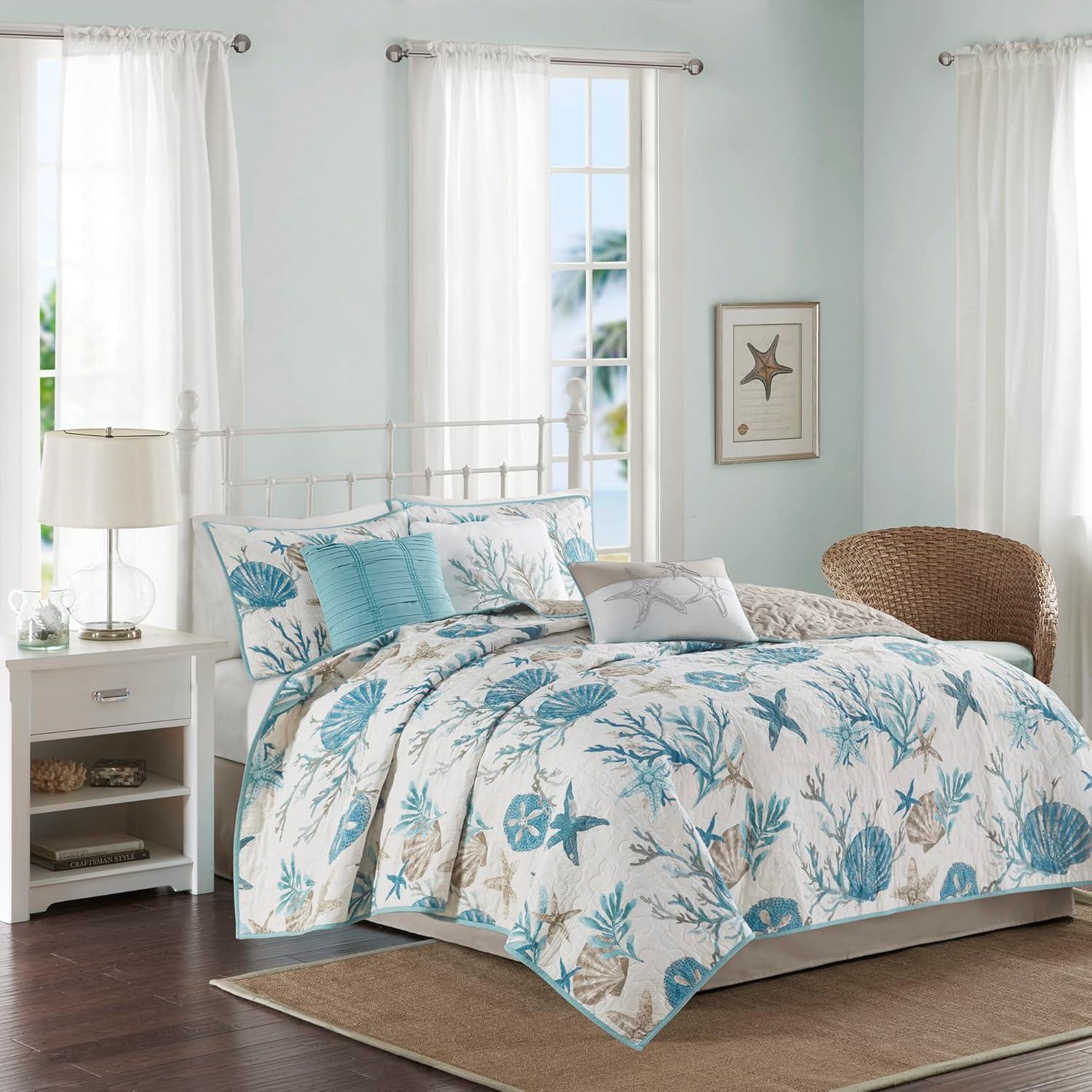 King Aqua Cotton Reversible Coastal Quilt Set