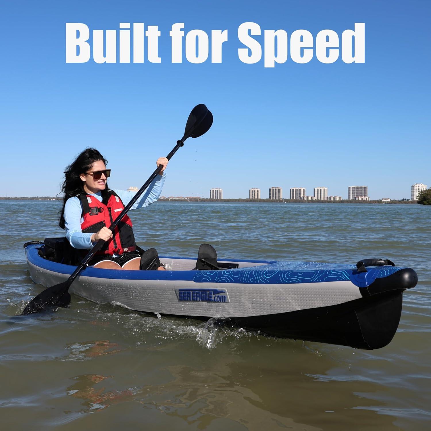 Sea Eagle RazorLite Inflatable Kayak - Lightweight, Drop Stitch, High Speed Inflatable Kayak for Touring - Solo or Tandem - w/Tall Back Seat(s), Paddle(s), Backpack, Skeg & Pump - Pro Package