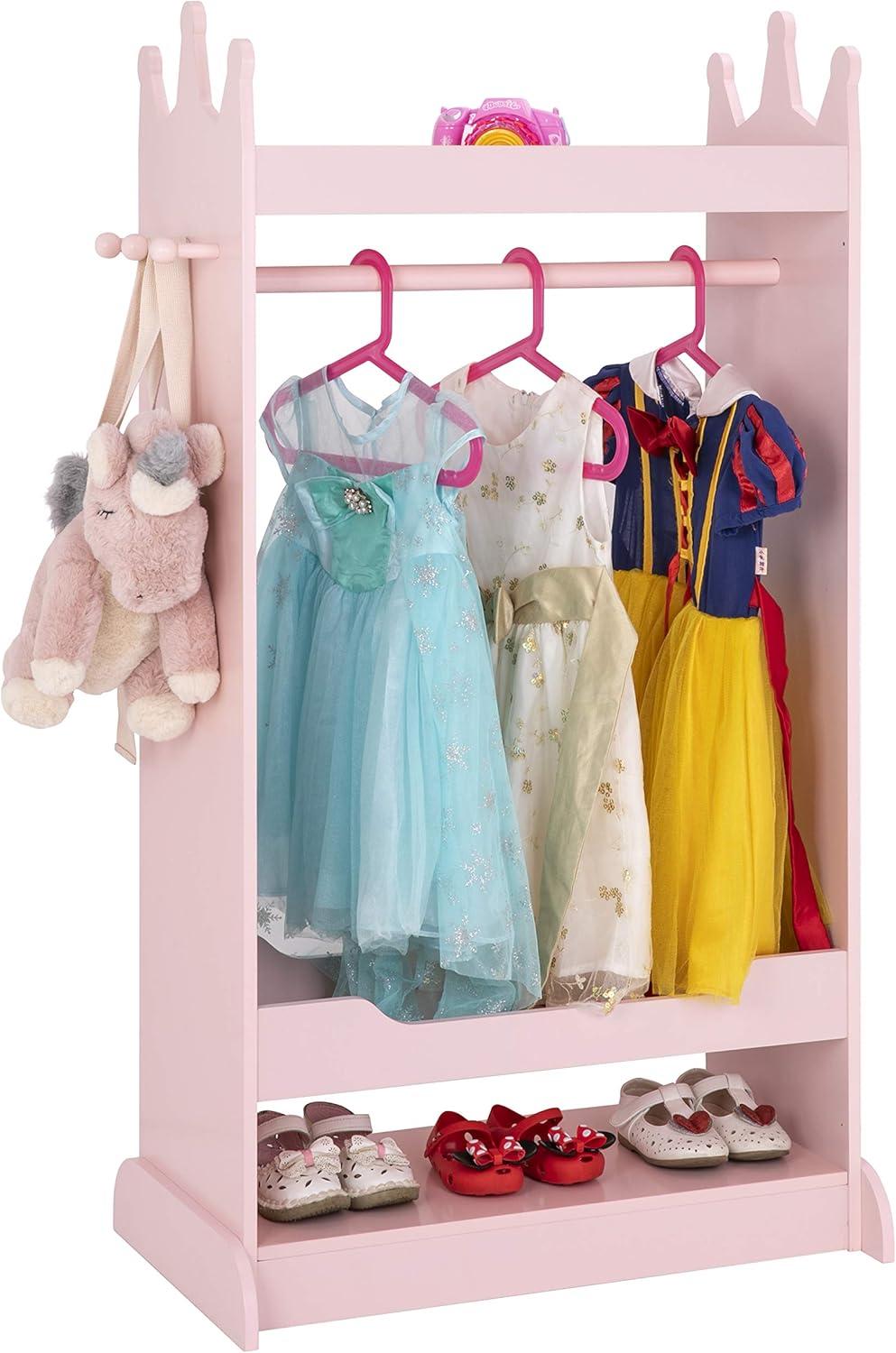 Kids Pink Costume Organizer with Mirror - Open Hanging Armoire Rack for Dress-Up Play and Storage