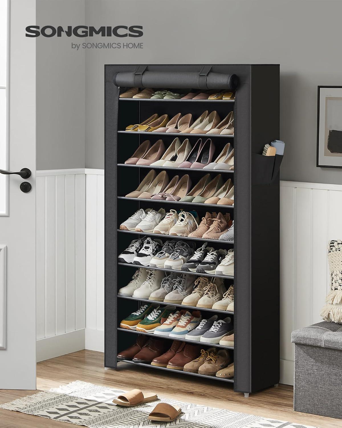 Black 9-Tier Metal and Fabric Shoe Rack with Cover