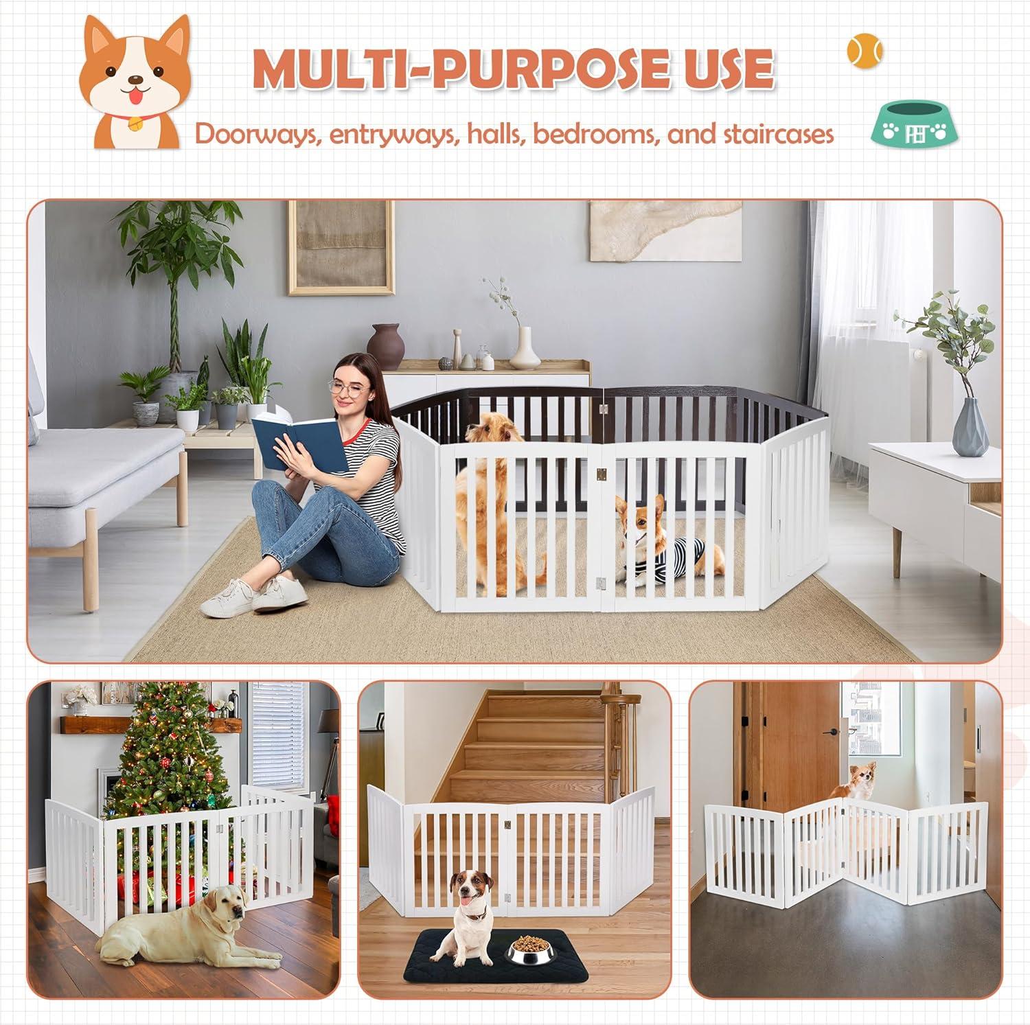 Dog Gate Pet Gate Indoor for Stairs Doorways 82x24 Inch 4 Panels Dog Fence Extra Wide Wooden
