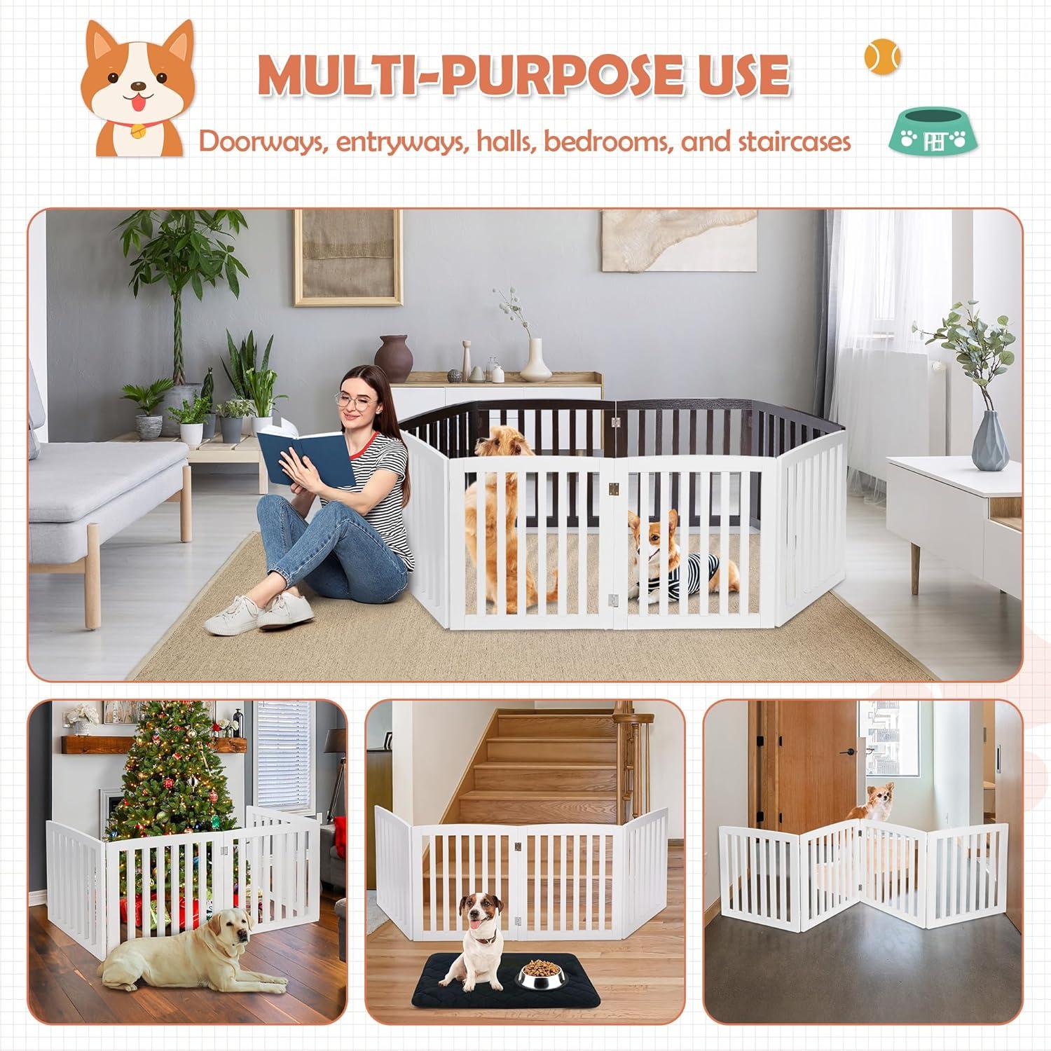 Dog Gate Pet Gate Indoor for Stairs Doorways 82x24 Inch 4 Panels Dog Fence Extra Wide Wooden