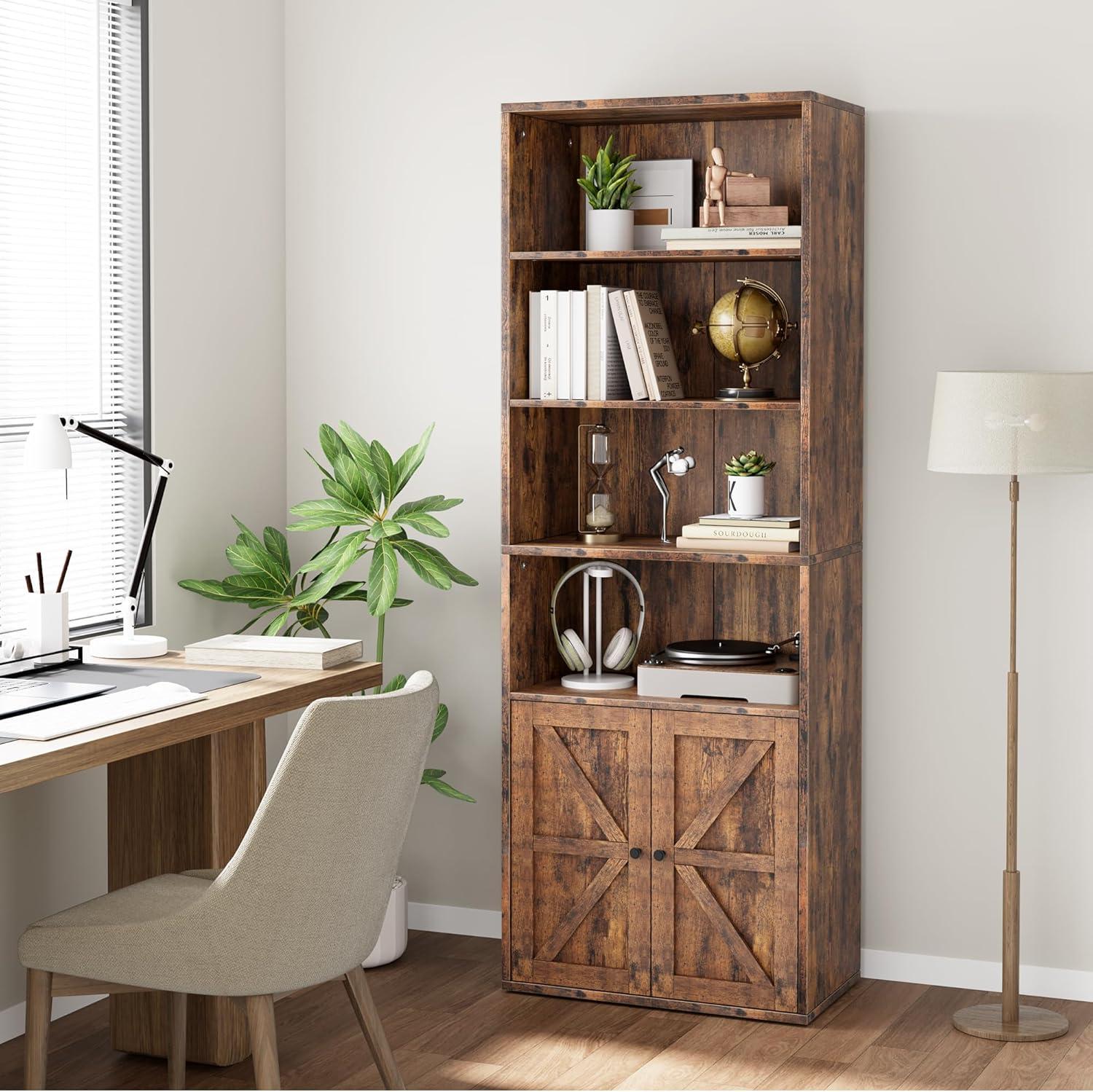 Rustic Brown Wood Farmhouse Bookcase with Doors