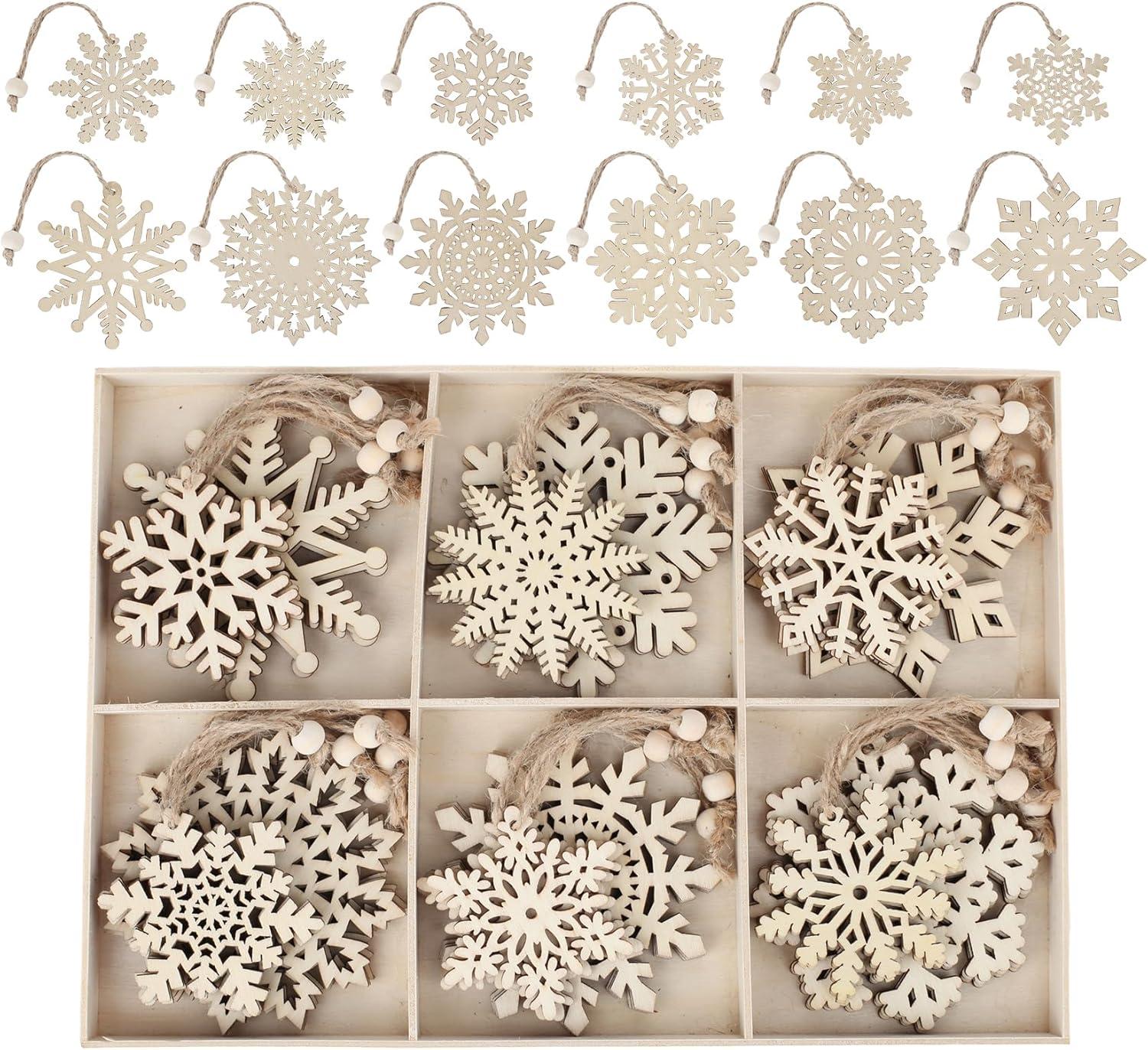 Unfinished Wooden Snowflakes Ornaments, 36Pcs Christmas Tree Hanging Decoration Wood Cutouts DIY Craft Snowflake Shaped Embellishments Xmas Rustic Crafts with Twine (4 inch)