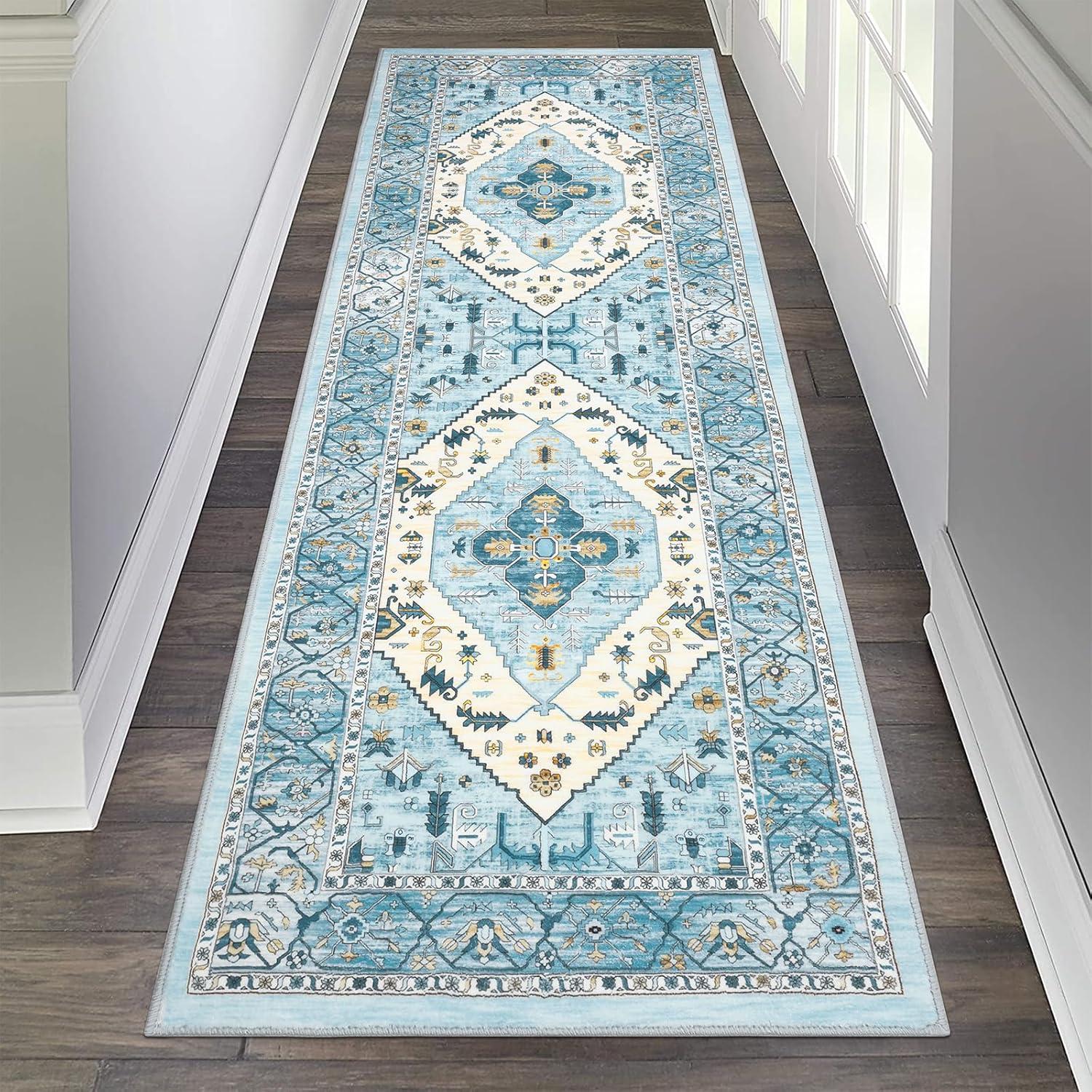 Blue Floral Bohemian Washable Low Pile Runner Rug