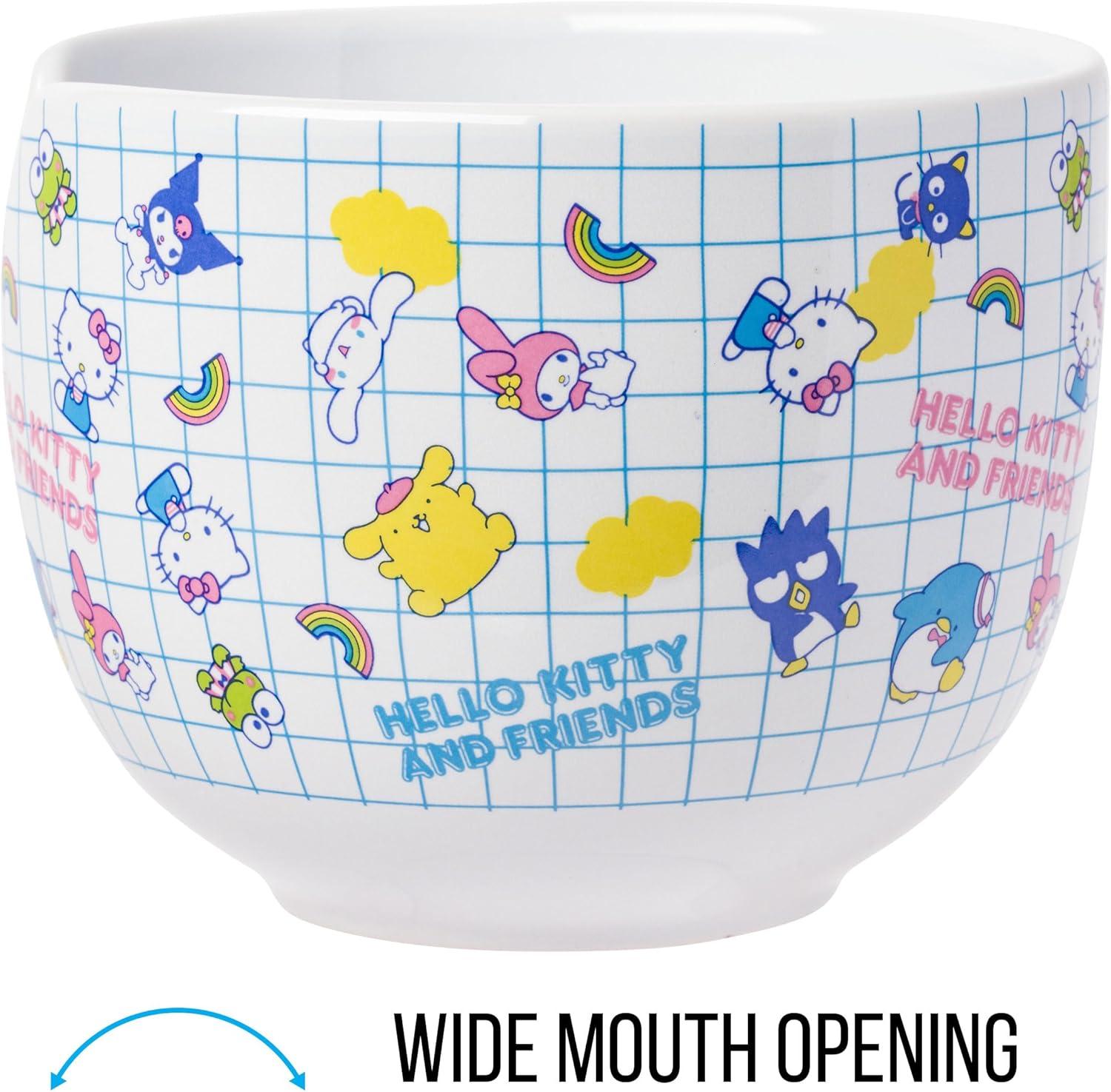 Silver Buffalo Hello Kitty and Friends Kuromi, Keroppi, Chococat, My Melody, Tuxedo Sam, Badtz-Maru, Tuxedo Sam, Pompompurin, Cinnamoroll Ceramic Ramen Noodle Rice Bowl with Chopsticks, 20 Ounces