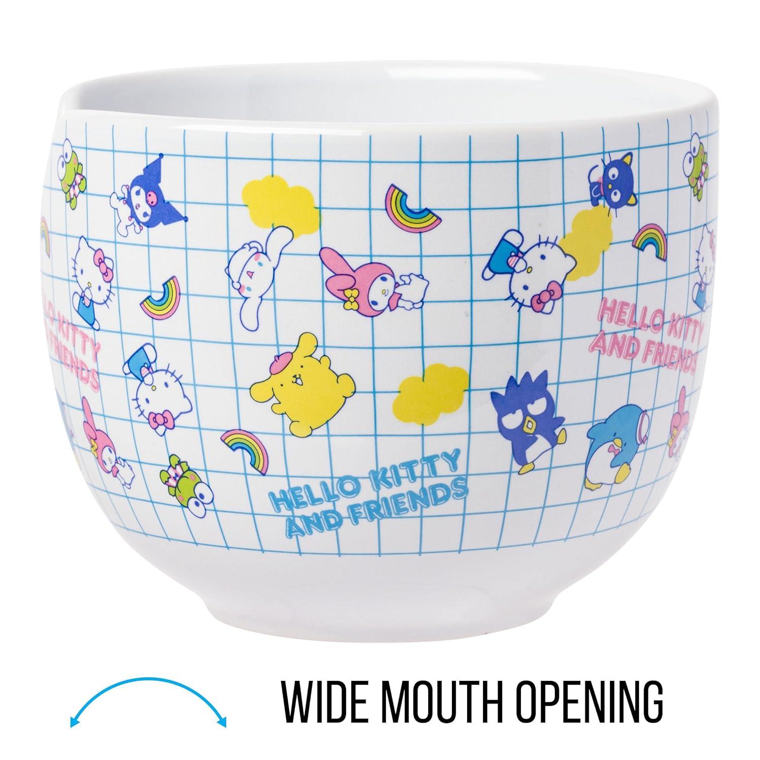 Silver Buffalo Hello Kitty and Friends Kuromi, Keroppi, Chococat, My Melody, Tuxedo Sam, Badtz-Maru, Tuxedo Sam, Pompompurin, Cinnamoroll Ceramic Ramen Noodle Rice Bowl with Chopsticks, 20 Ounces