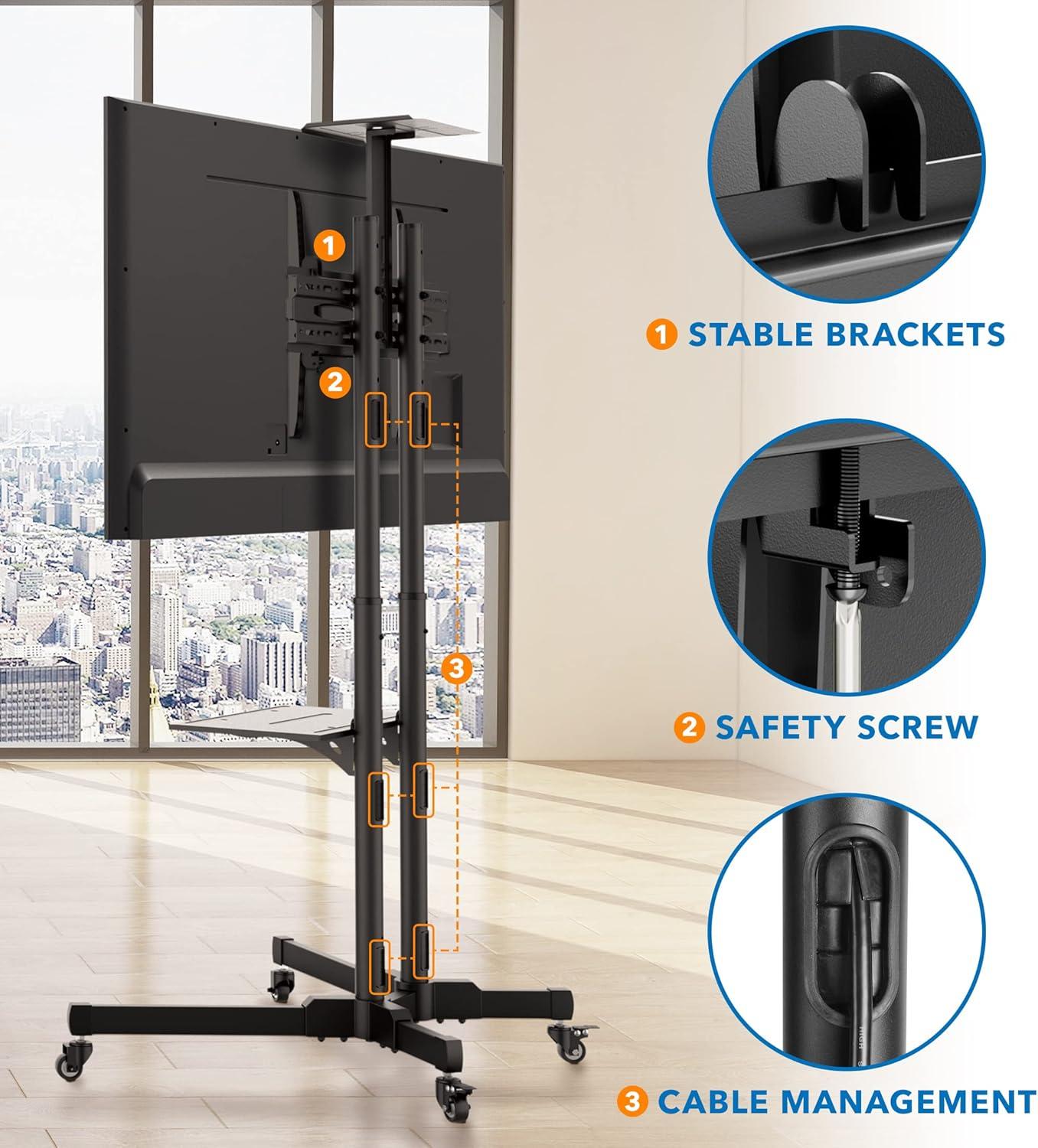 Mount-It! TV Cart Mobile TV Stand Wheeled Height Adjustable Flat Screen Television Floor Stands with Rolling Casters and Shelf, VESA Compatible TV Mount Bracket Fits Displays 37 to 70 Inch, 110 Lbs
