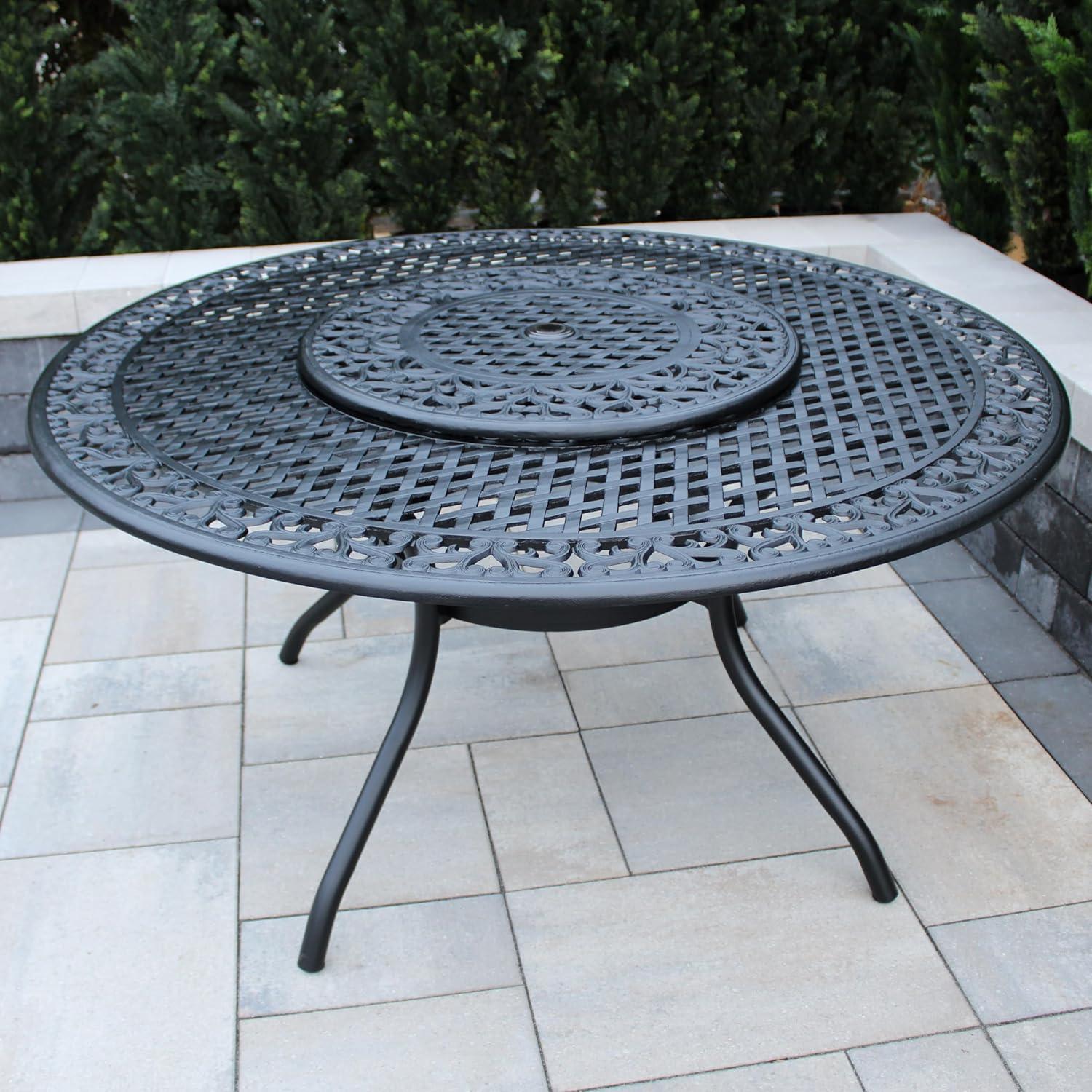 Black Aluminum 59-Inch Round Patio Dining Table with Lazy Susan