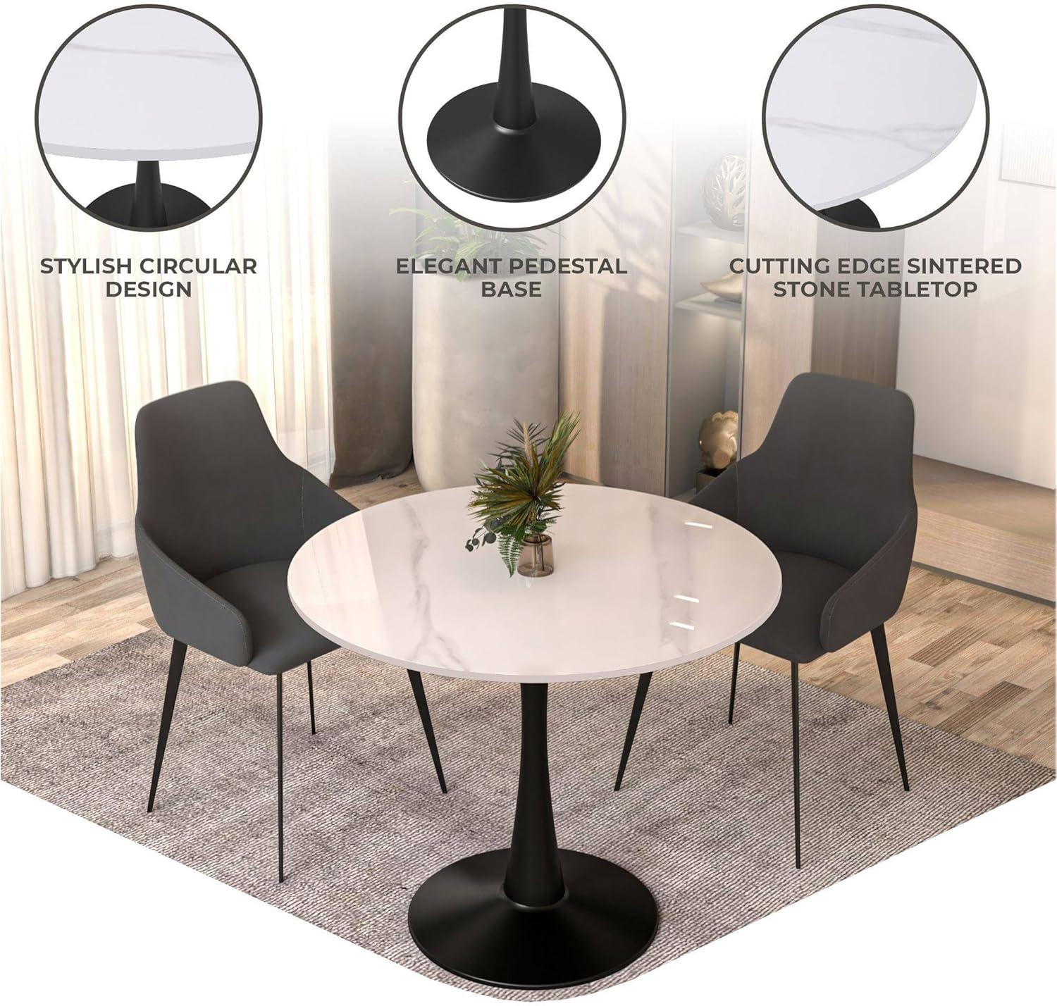 LeisureMod Bristol 31" Round Dining Table – Sintered Stone Top Accent Café Table & Sturdy Steel Black Pedestal Base for Kitchen and Small Spaces