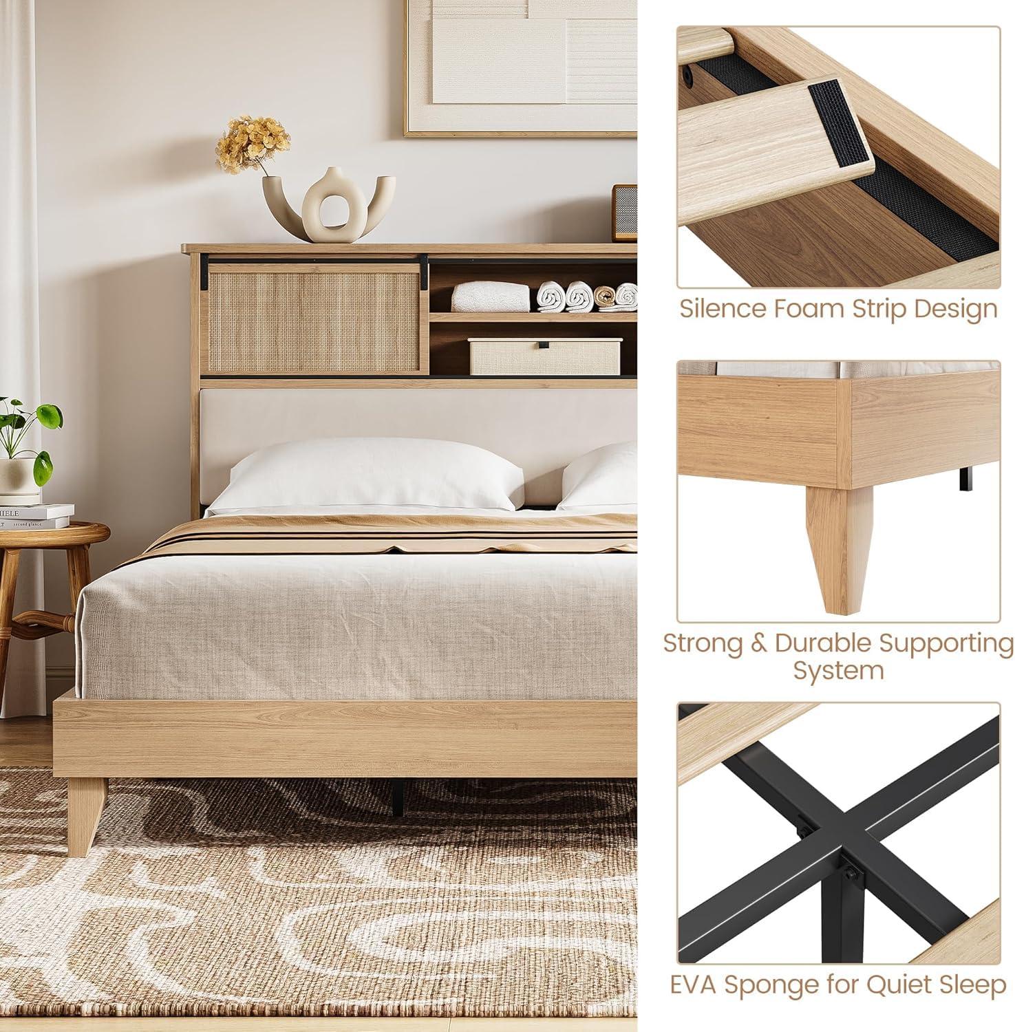 Garvee Rattan Full Size Bed Frame with Sliding Door Shelf Headboard, Bohemian Rattan Bed Frame with Shelves, Wood Foundation, No Box Spring Needed