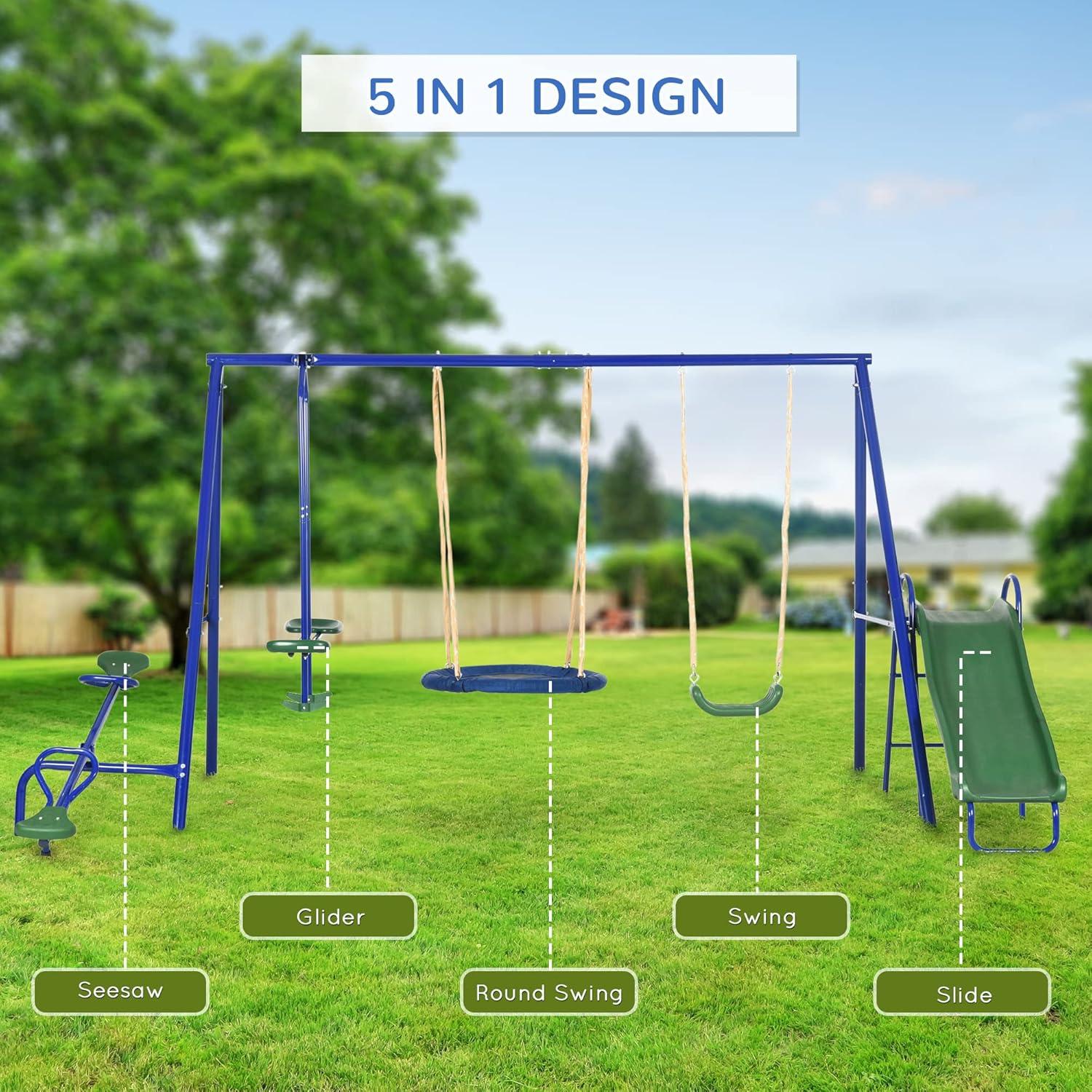 Blue and Green Steel Outdoor Playset with Slide and Swings