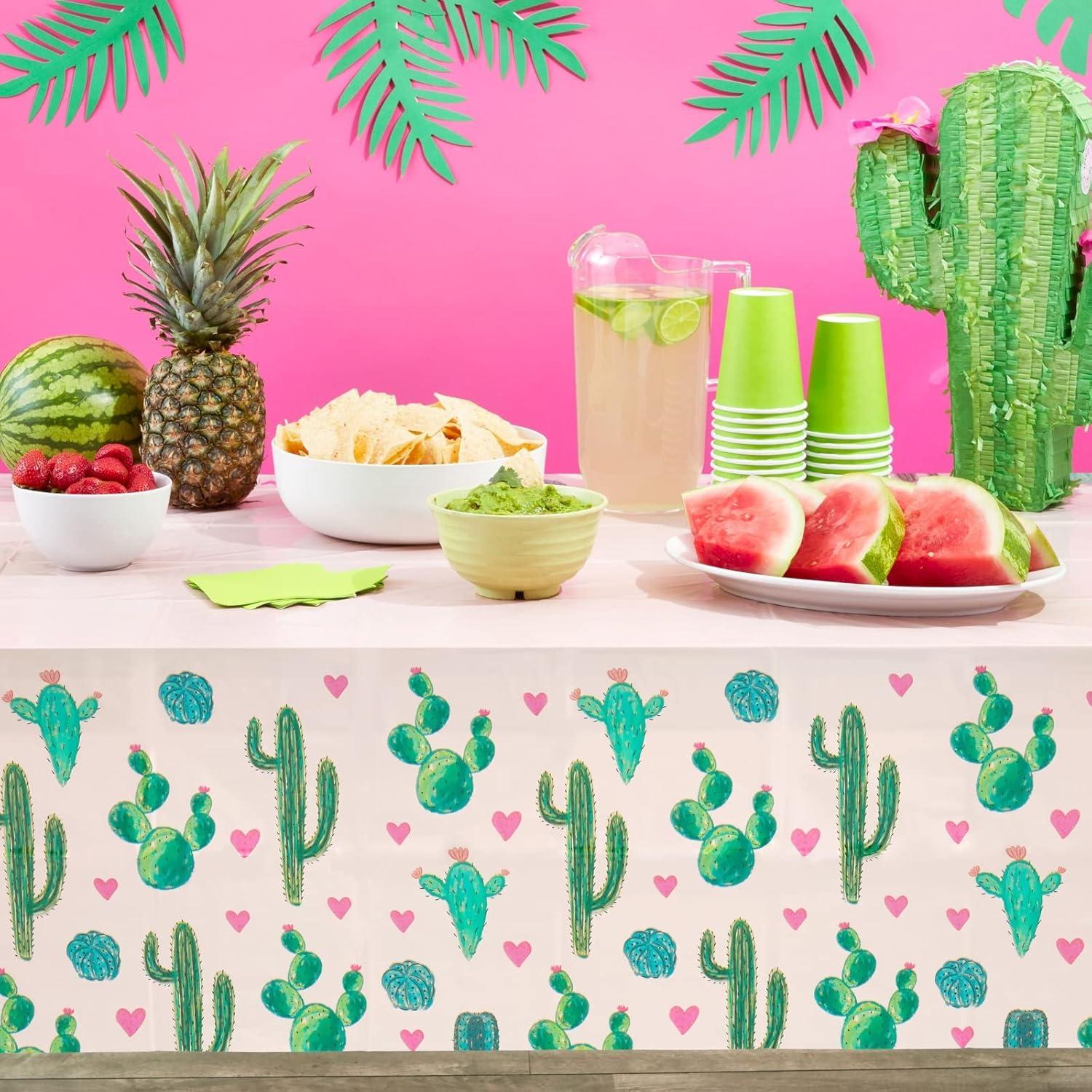 Sparkle and Bash 3 Pack Pink Plastic Cactus Tablecloth for Let's Fiesta Birthday Party Decorations, Baby Shower, 54x108 In