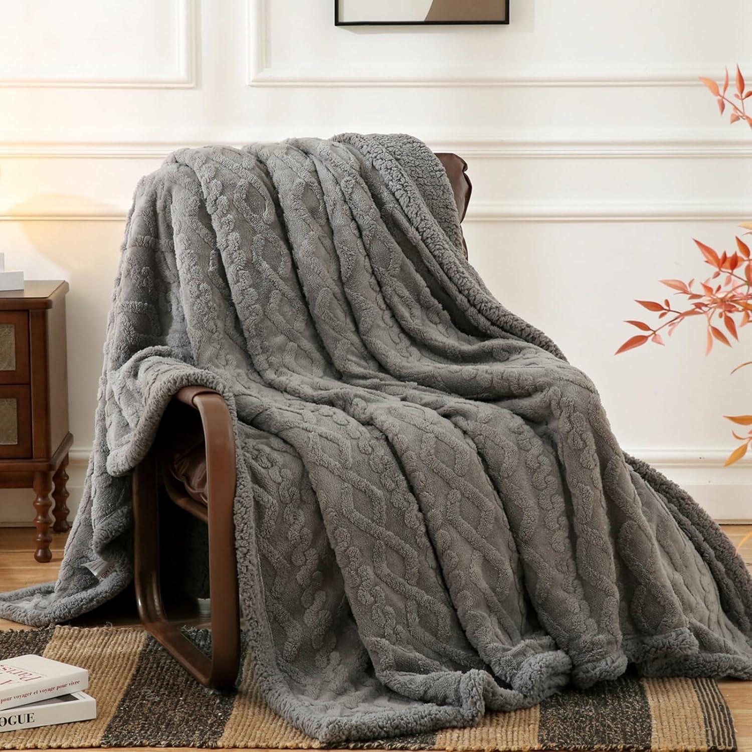 PU MEI Sherpa Throw Blanket for Couch Sofa 60”*80”- Fleece Tufted Fuzzy Soft Cozy Blanket for Bed, Thick Warm Blanket for All Seasons, (Dusty Blue, 60"*80")