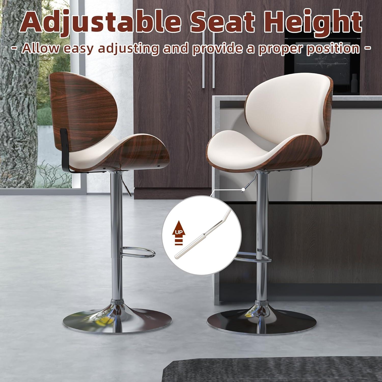 civama Bar Stools Set of 2 for Kitchen Counter, Adjustable Bar Height Chairs, Modern Swivel Barstools with Bentwood Seat and Back with Footrest, for Kitchen Island, Dining Room, White PU Leather