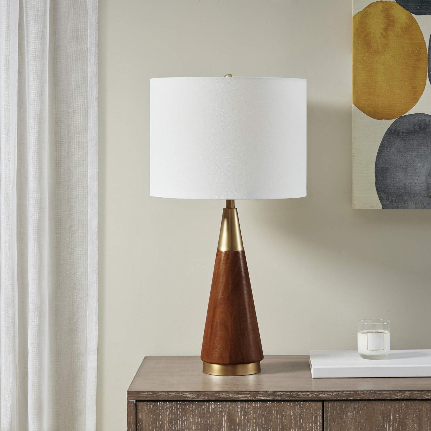 Gold and Brown Mid Century Modern Table Lamp with White Shade