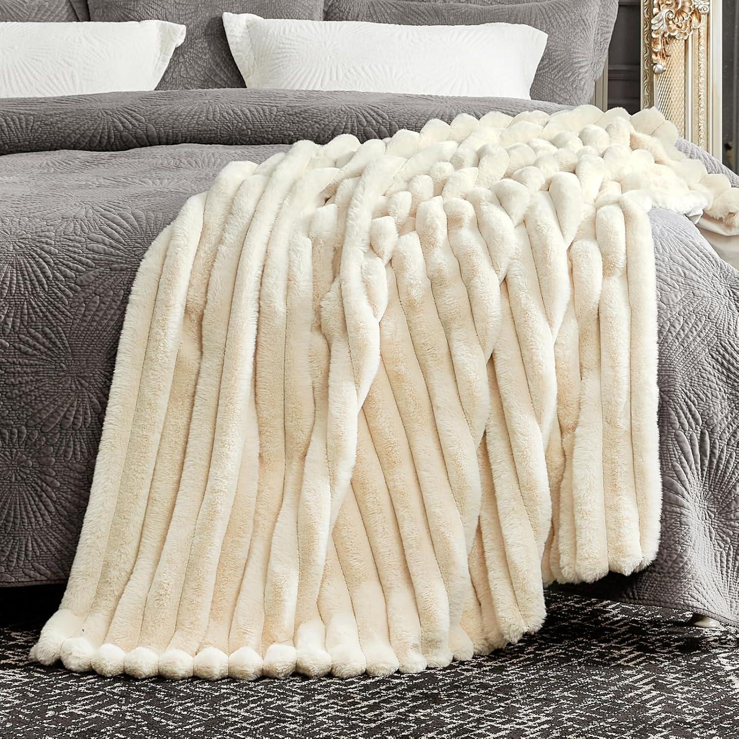 Beige Faux Fur Striped Throw Blanket for Couch 60x80