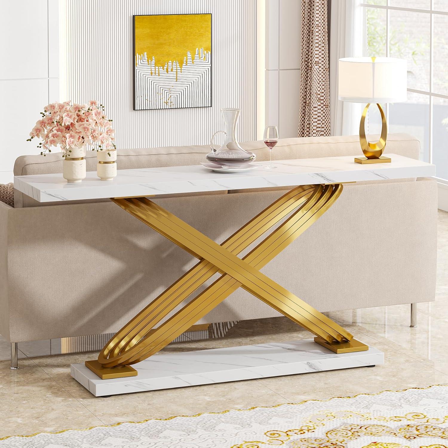 55" White Faux Marble and Gold Metal Console Table