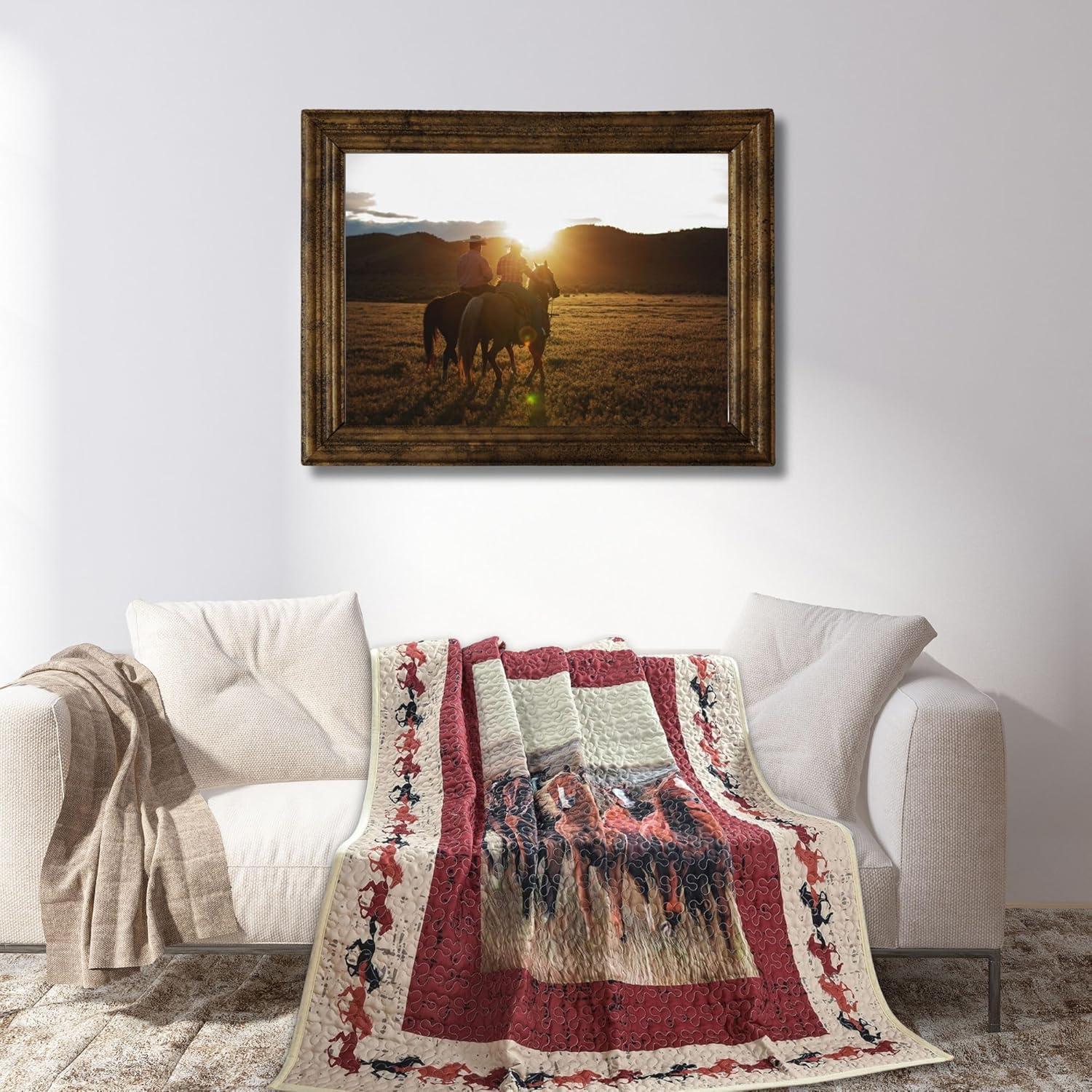 BestGiftEver Quilt Throw Blanket with Unique Running Wild Horses Print Design - Rustic Lodge Ranch Cabin Forest Hunting Bedding 50" x 60" - Western Style Lightweight CoverCouch Accent