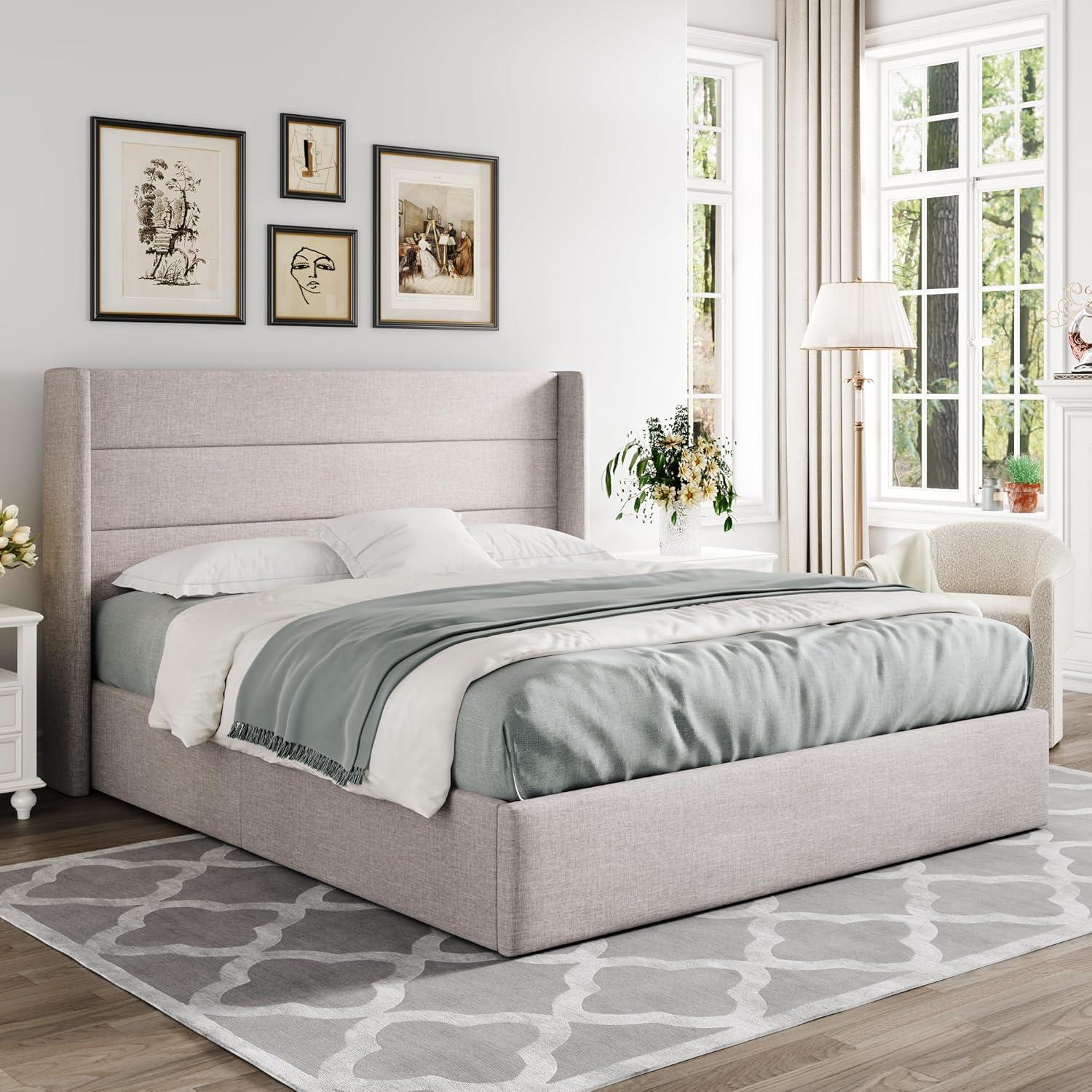 Queen Light Beige Upholstered Lift Up Storage Bed with Wingback Headboard