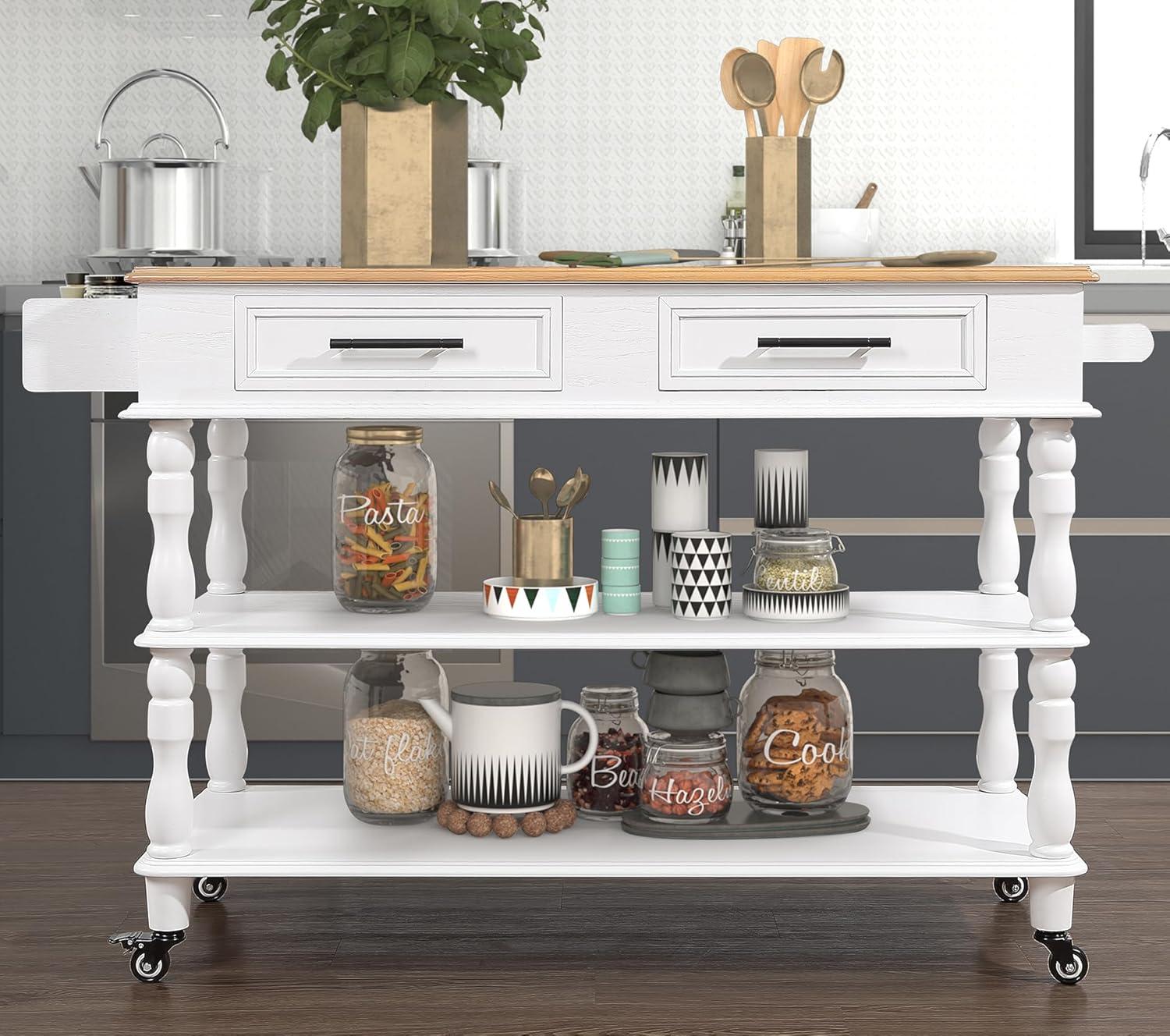 White Solid Oak Wood Kitchen Cart with Spice Rack and Storage