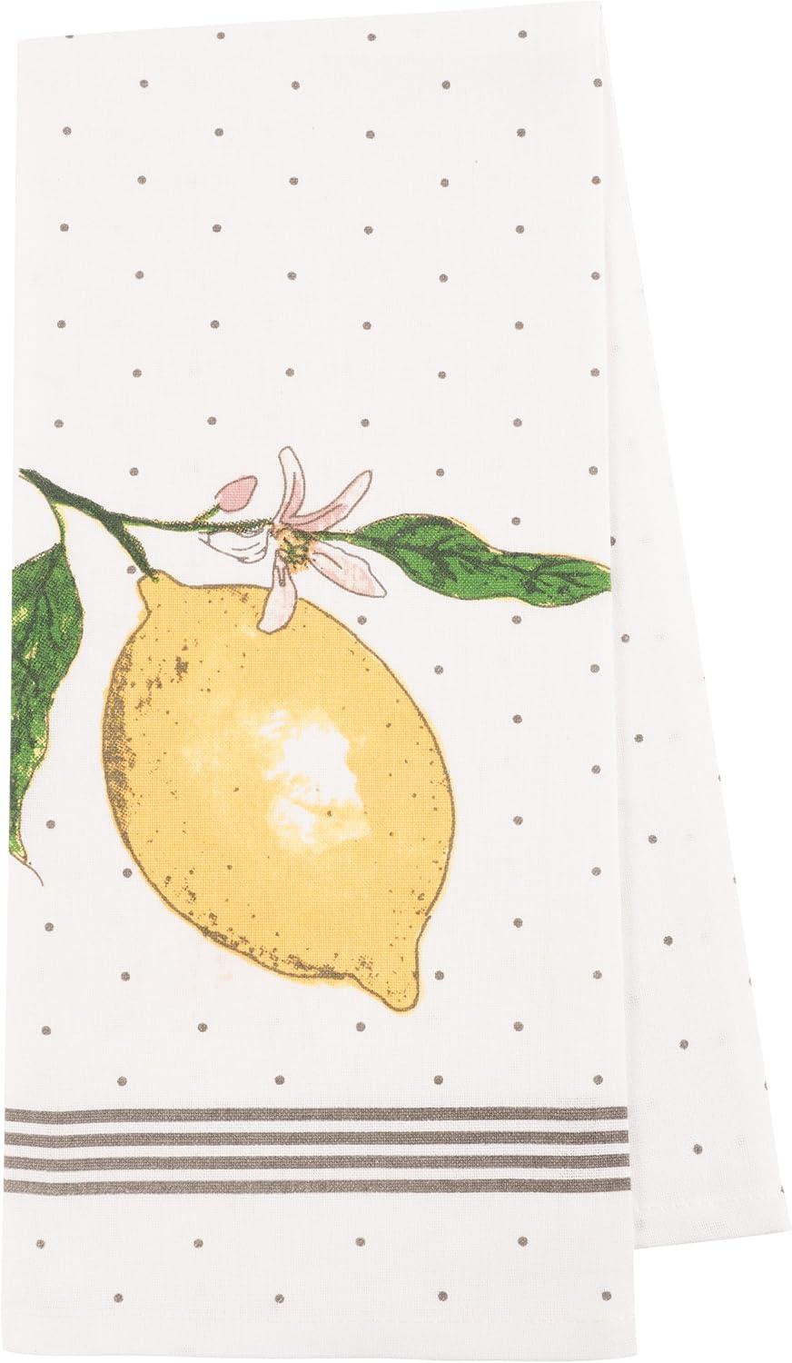 Lemon Print and Striped Cotton Kitchen Dish Towel Set, 18 x 28 inches