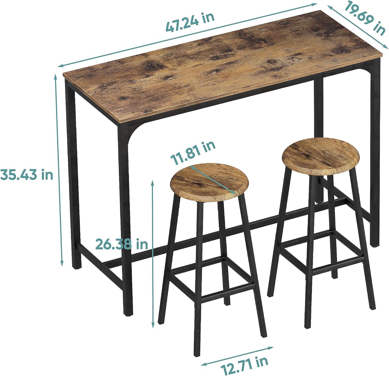 Resenkos 3-Piece Bar Pub Table Set with 2 Bar Stools, Industrial Kitchen Dining Counter Height Table and Chairs Rustic Brown