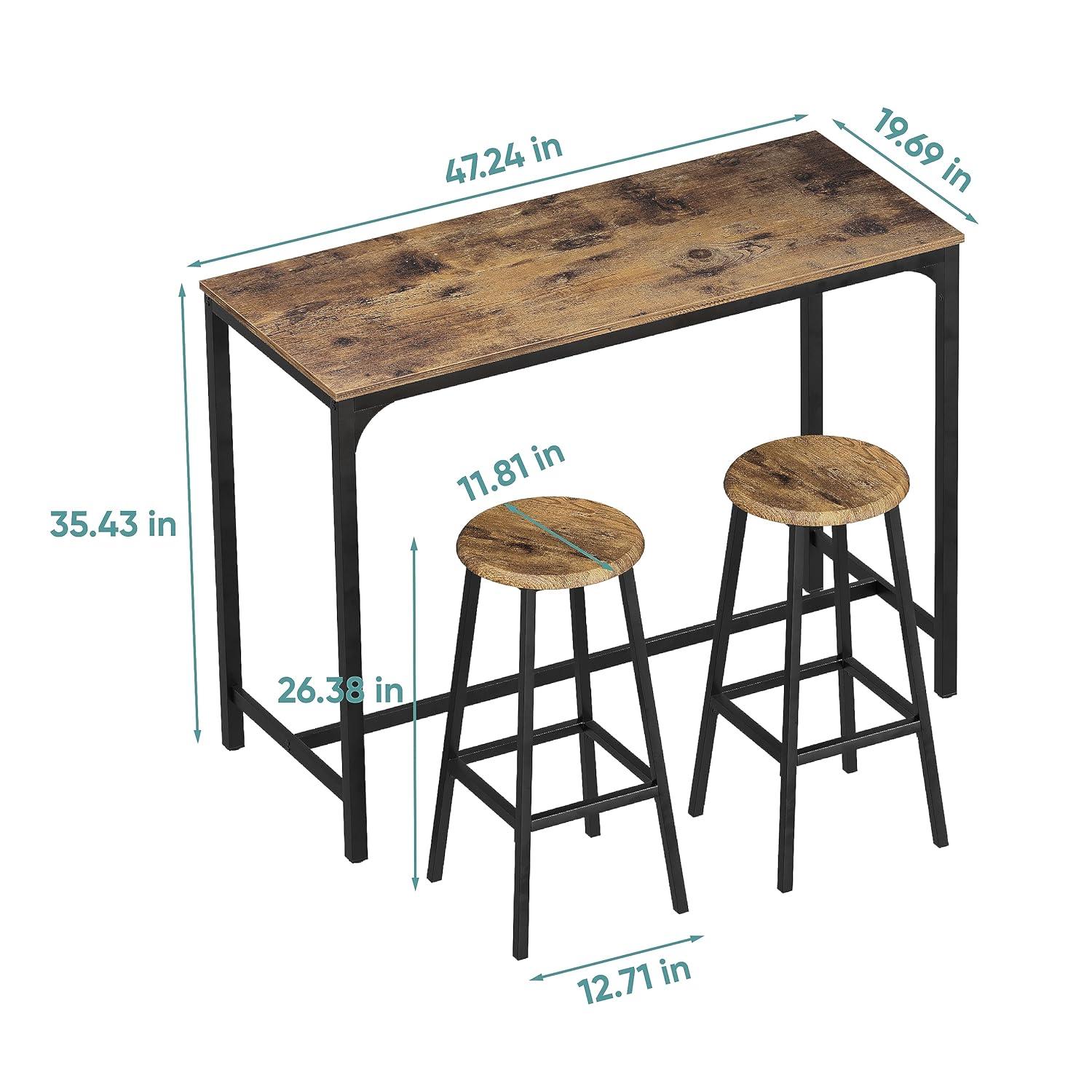 PAPROOS Bar Table Set for 2, 3 Pcs Pub Bistro Table and PU Upholstered Stools with Backrest, Industrial Counter Height Dining Table and Chairs for Kitchen Breakfast Nook Balcony, Rustic Brown