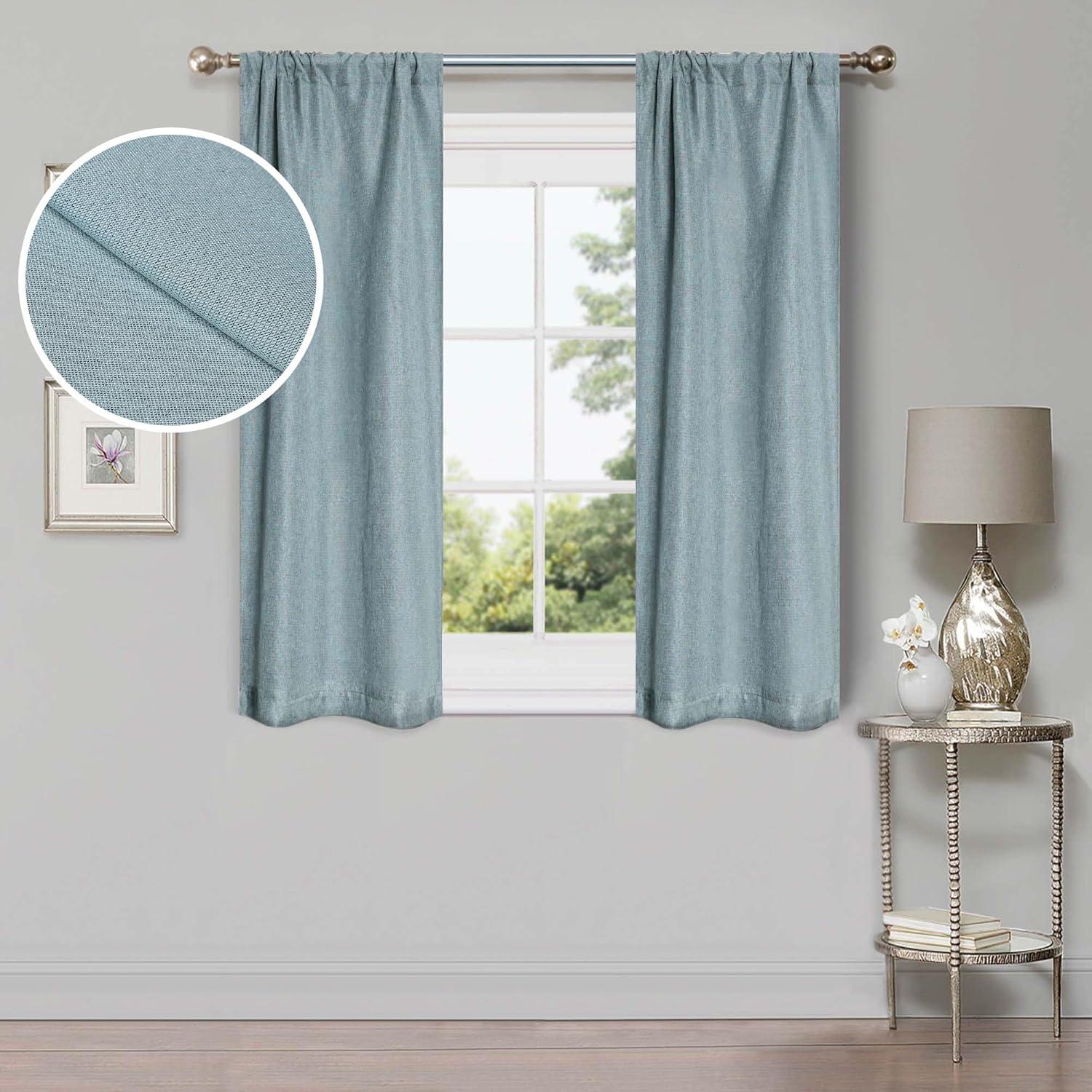 Teal Linen Pattern Blackout Rod Pocket Curtains, 26" x 63"