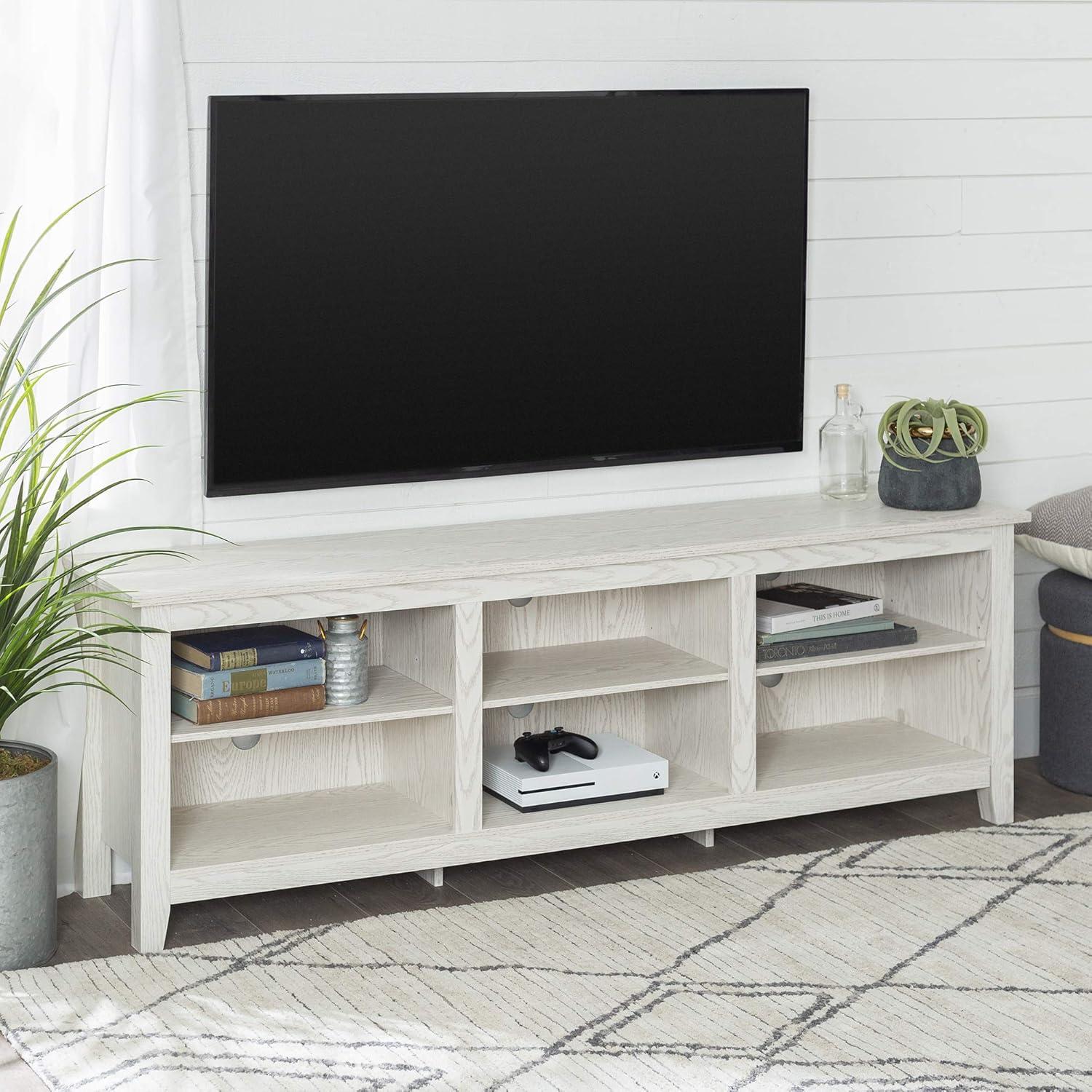 Walker Edison Wren Classic 6 Cubby TV Stand for TVs up to 80 Inches, 70 Inch, White Wash